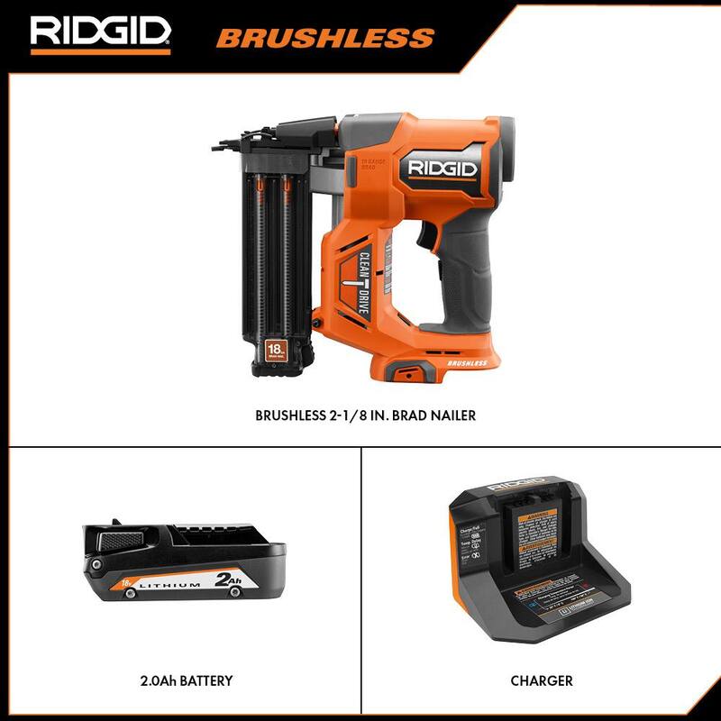 Clavadora inalámbrica sin escobillas RIDGID 18V de calibre 18 de 2-1/8 pulgadas con tecnología CLEAN DRIVE con batería de 2.0 Ah y cargador - R09891K