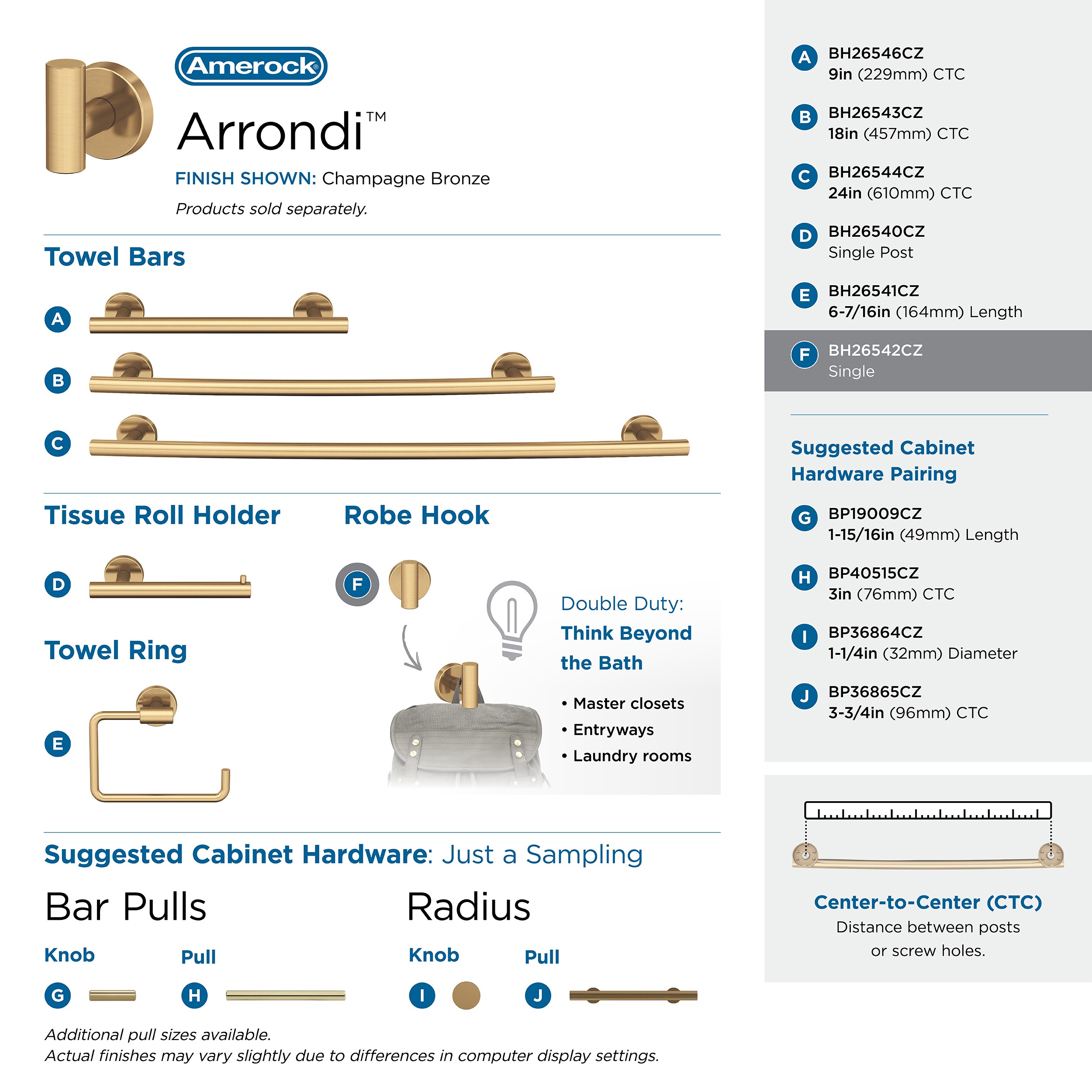 Gancho de Toalla de Montaje en Pared Individual en Bronce Champagne de la línea Arrondi de Amerock BH26542CZ