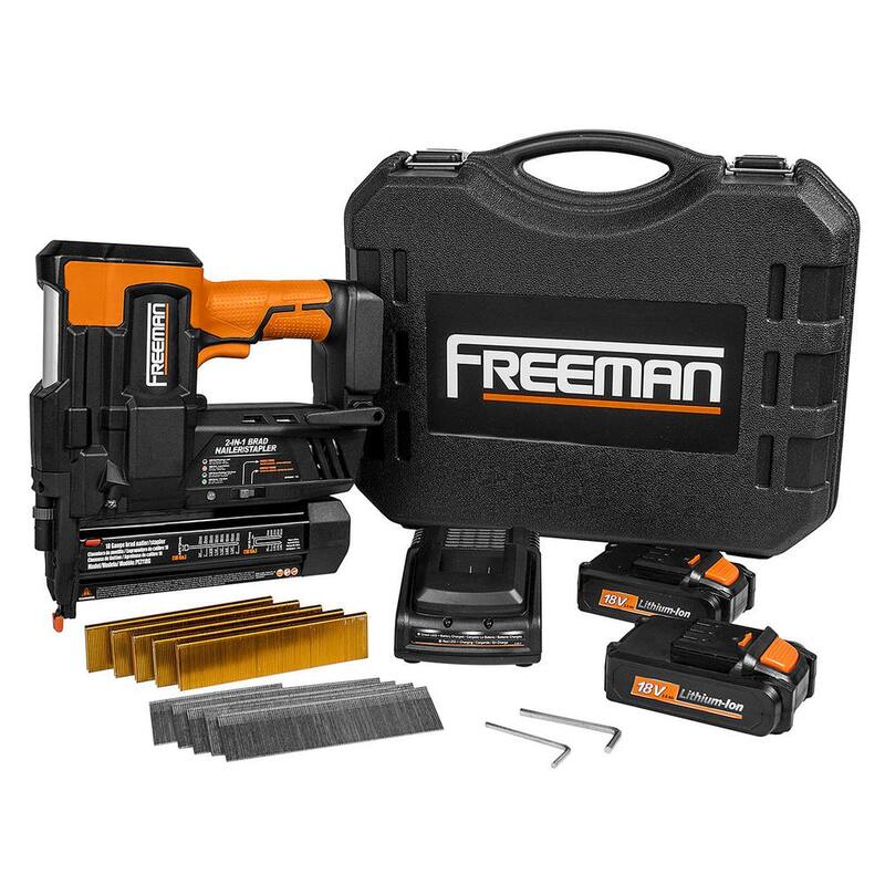 Freeman 18V Inalámbrico 2 en 1 Clavadora/Grapadora de Calibre 18 de 2 pulgadas Kit con Baterías, Cargador, Estuche y Fijaciones (1000 piezas) - PE2118G