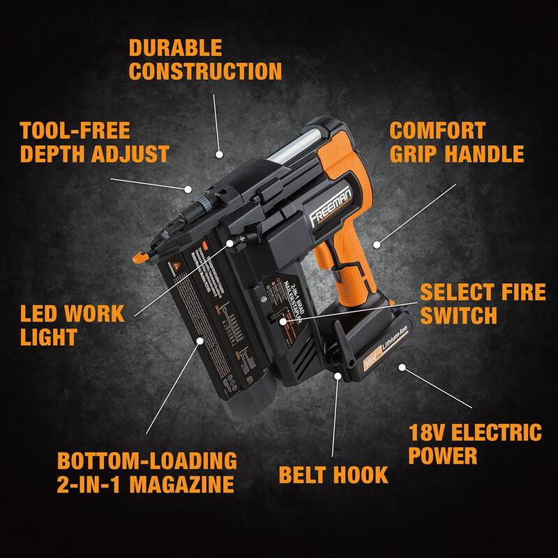 Freeman 18V Inalámbrico 2 en 1 Clavadora/Grapadora de Calibre 18 de 2 pulgadas Kit con Baterías, Cargador, Estuche y Fijaciones (1000 piezas) - PE2118G