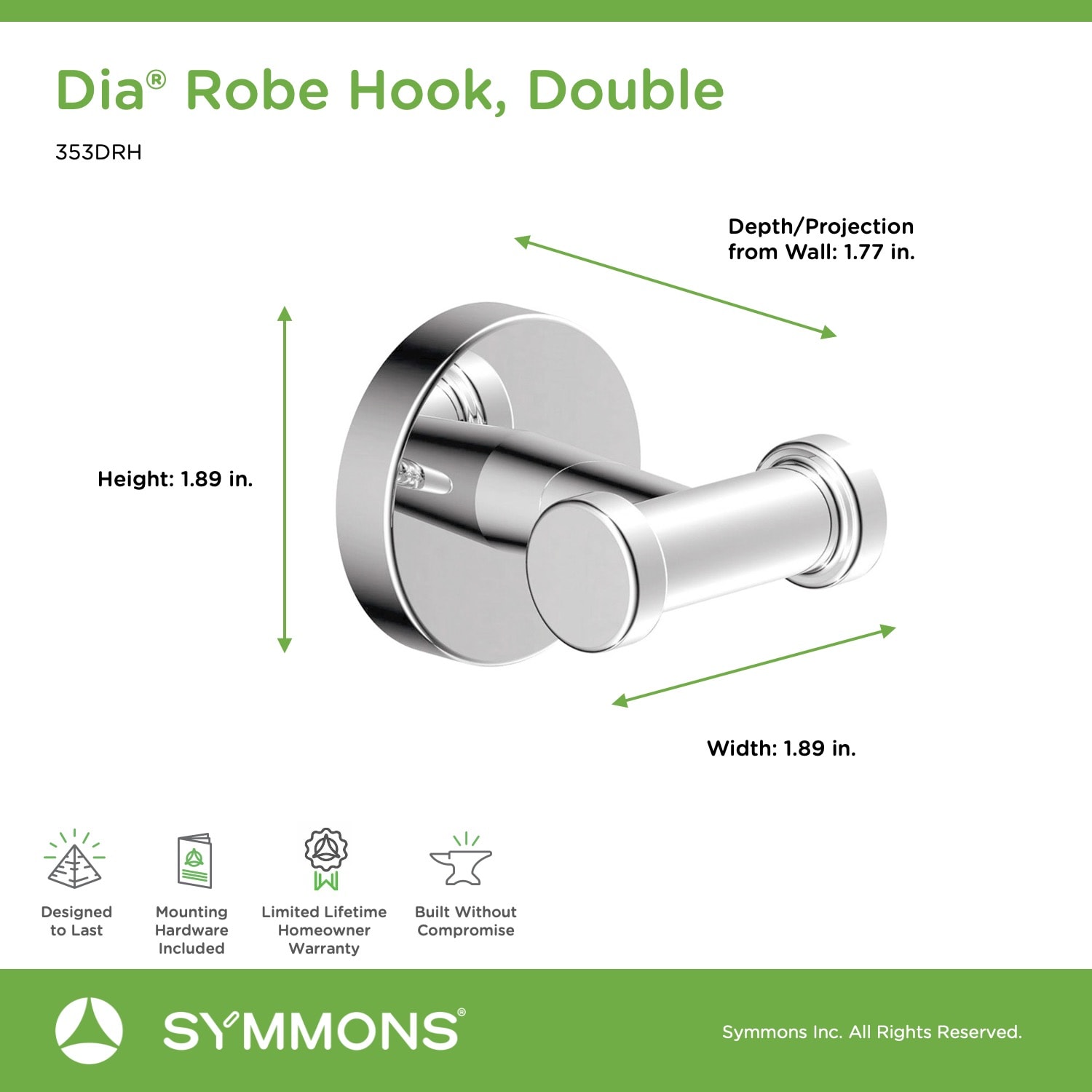 Gancho doble para toalla de montaje en pared Symmons Dia, cromo pulido 353DRH