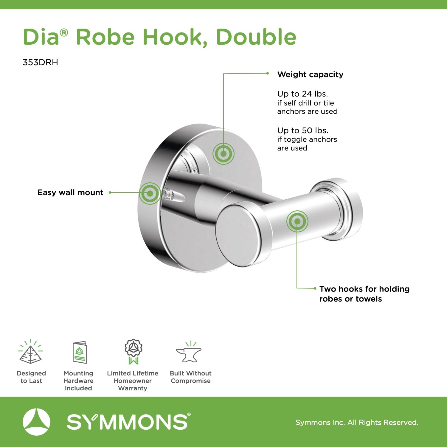 Gancho doble para toalla de montaje en pared Symmons Dia, cromo pulido 353DRH