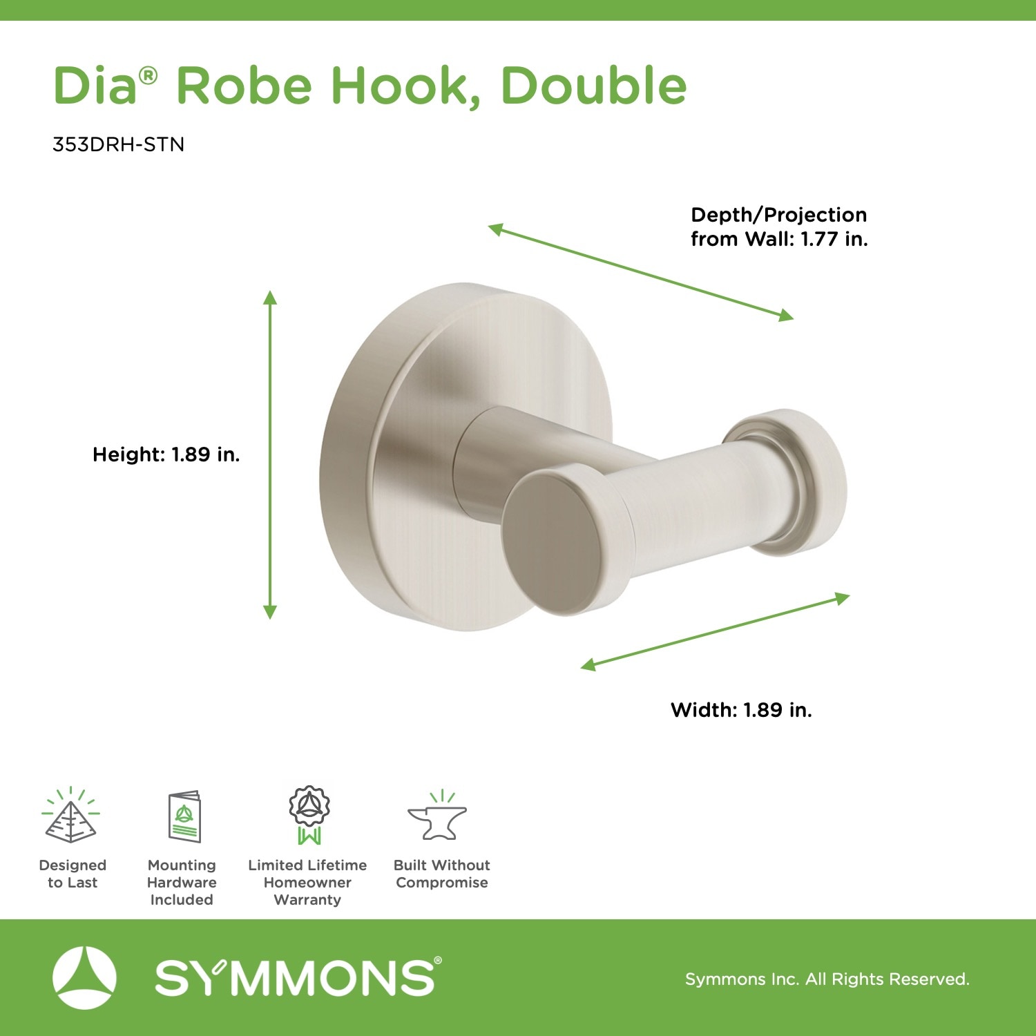 Gancho doble de montaje en pared para toalla Symmons Dia en níquel satinado