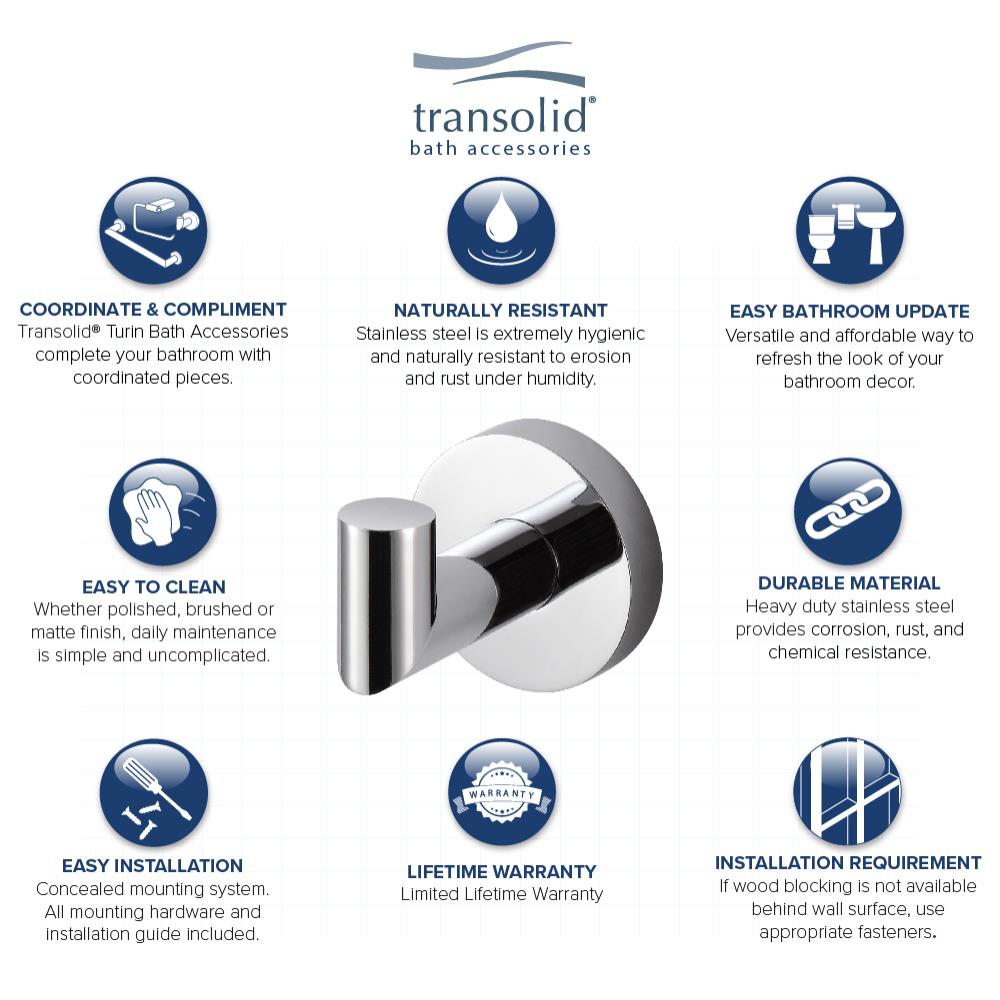 Perchero de Toalla de Pared Transolid Turín Cromo Pulido con Gancho Individual