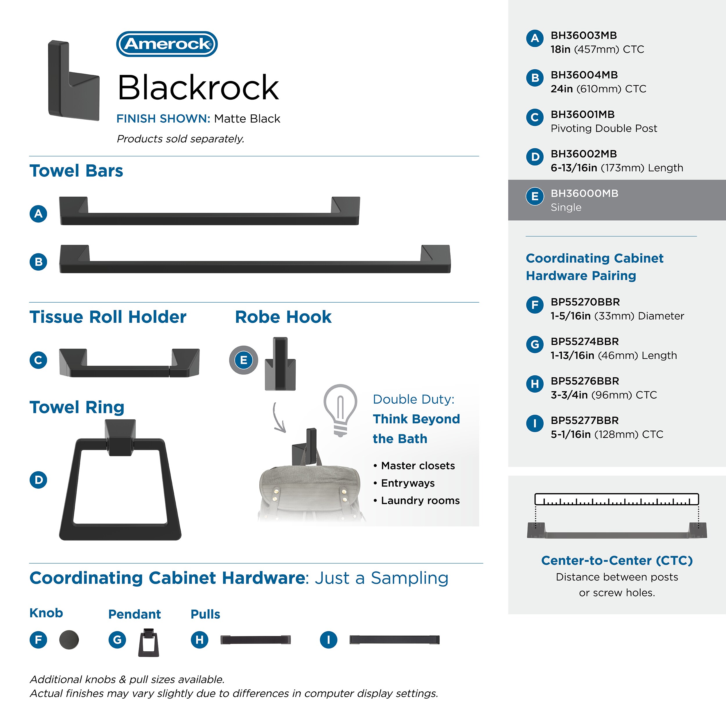 Gancho de Toalla de Pared de Montaje Simple Negro Mate Blackrock Amerock BH36000MB