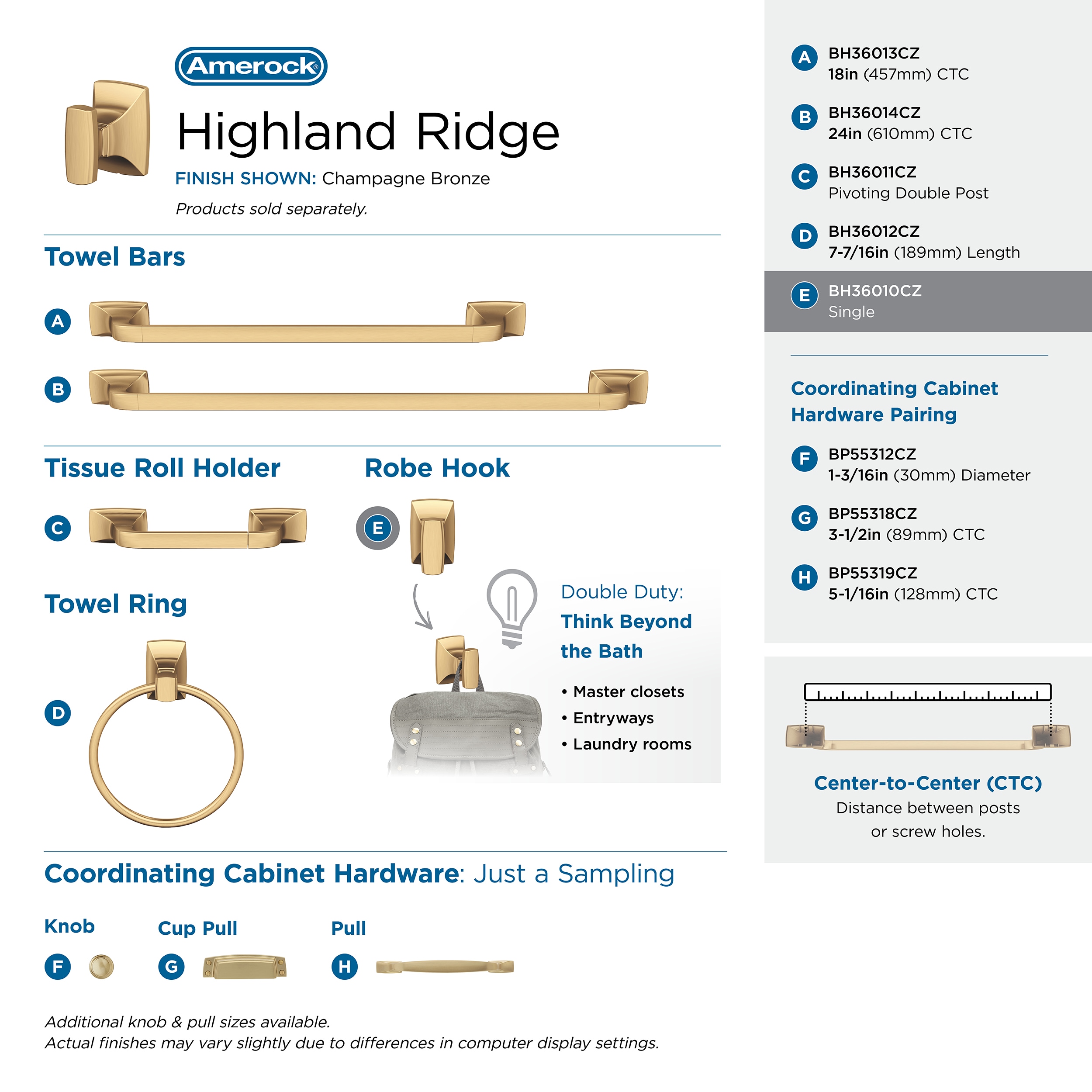 Amerock Highland Ridge Gancho para toalla de montaje en pared color bronce champan BH36010CZ