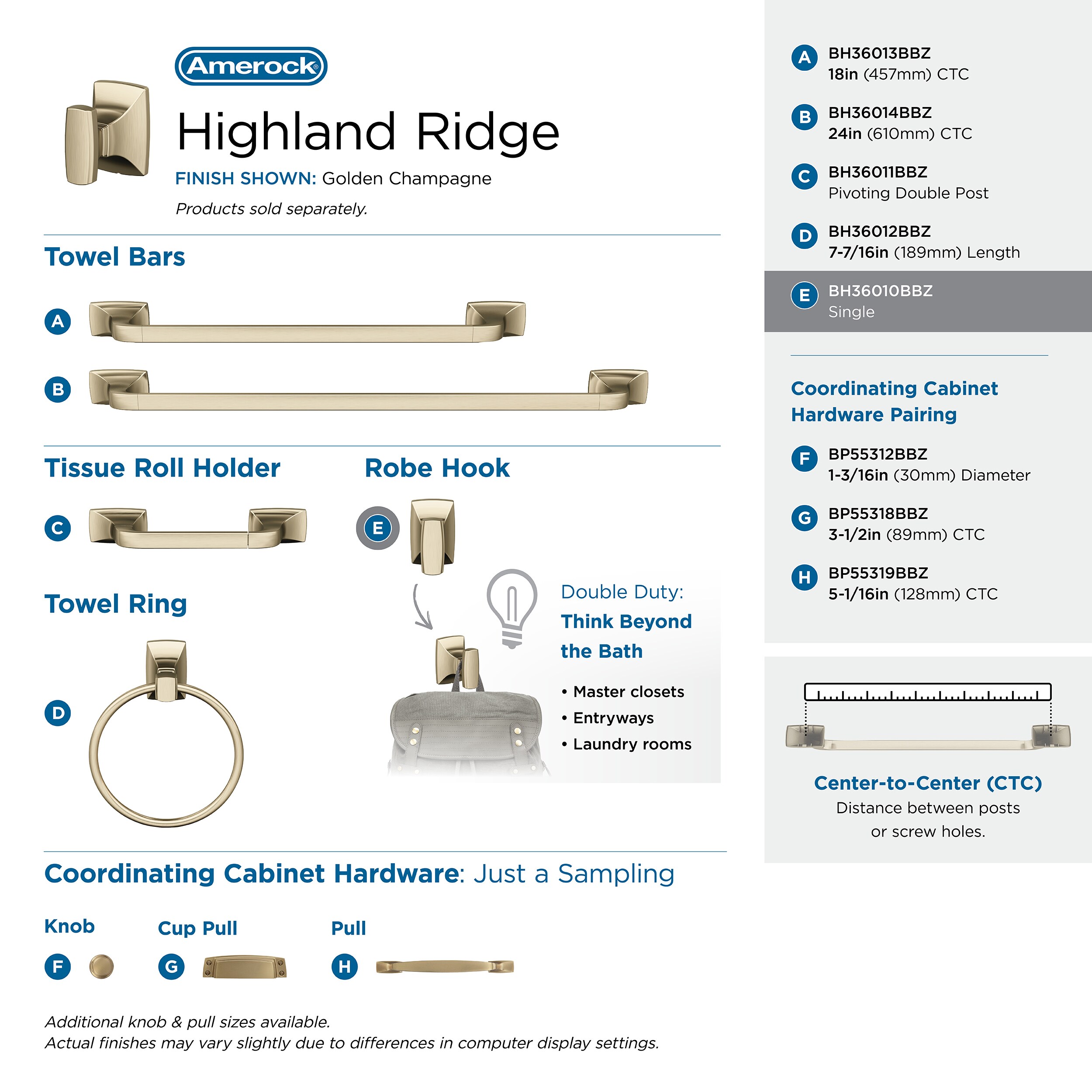 Percha de toalla de montaje en pared individual Highland Ridge en Champagne Dorado.