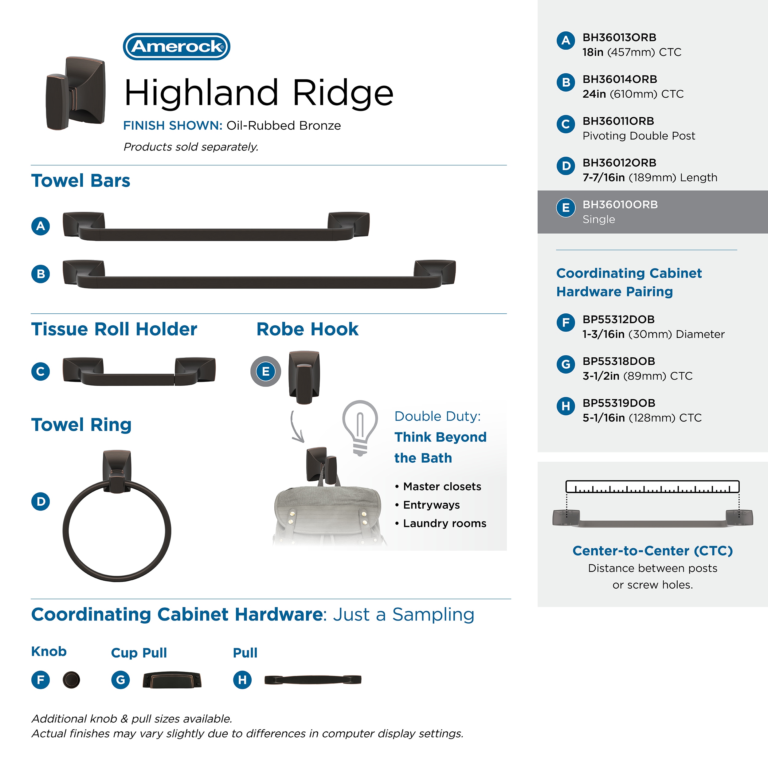 Amerock Highland Ridge Gancho para Toalla montado en Pared de Aceite Frotado en Bronce - BH36010ORB
