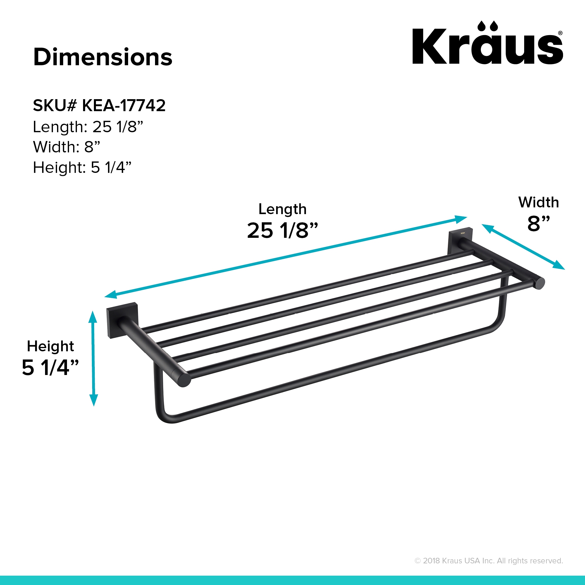 Perchero de toallas de pared en negro mate Kraus Ventus 8 pulgadas x 25.125 pulgadas x 8 pulgadas KEA-17742MB