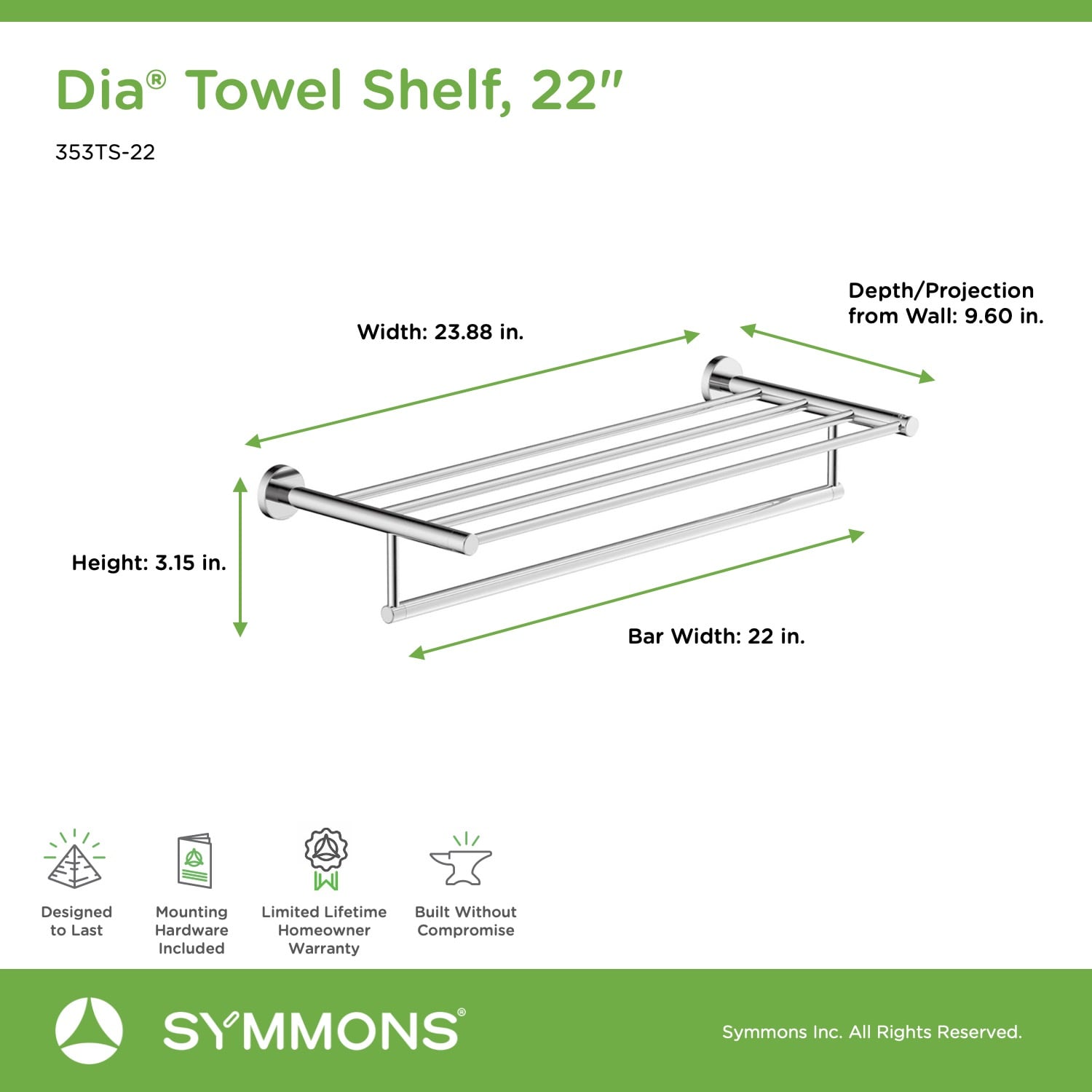 Toallero de Pared Symmons Dia Cromo Pulido 22 pulgadas x 22 pulgadas x 9.6 pulgadas 353TS-22