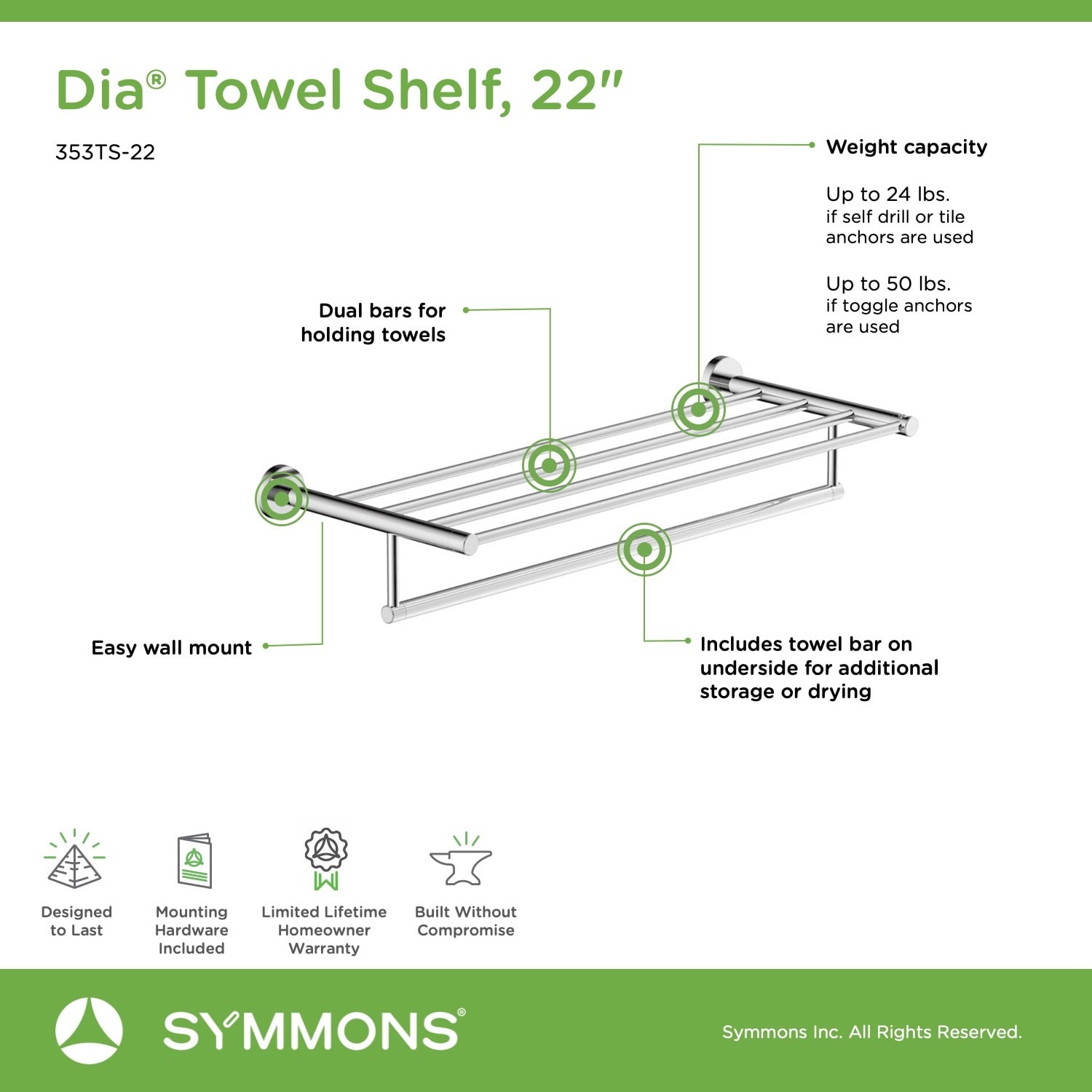 Toallero de Pared Symmons Dia Cromo Pulido 22 pulgadas x 22 pulgadas x 9.6 pulgadas 353TS-22