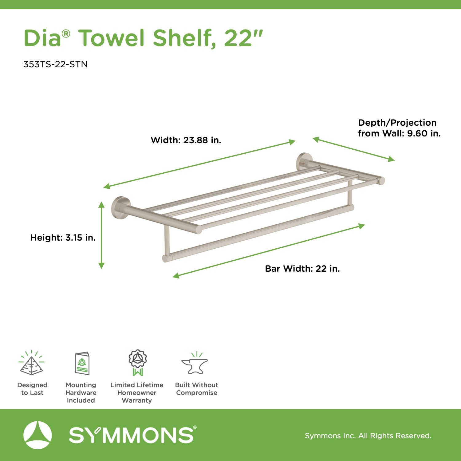 Perchero de toallas de montaje en pared Symmons Dia en níquel satinado de 22 pulgadas x 9.6 pulgadas x 3.15 pulgadas 353TS-22-STN