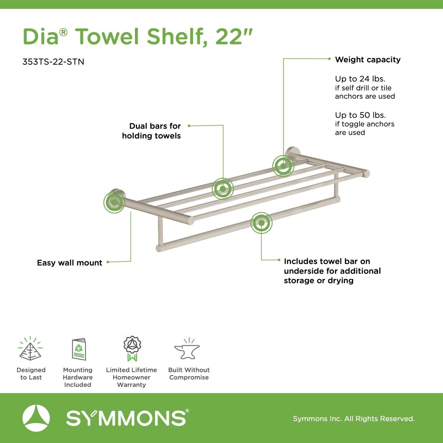Perchero de toallas de montaje en pared Symmons Dia en níquel satinado de 22 pulgadas x 9.6 pulgadas x 3.15 pulgadas 353TS-22-STN