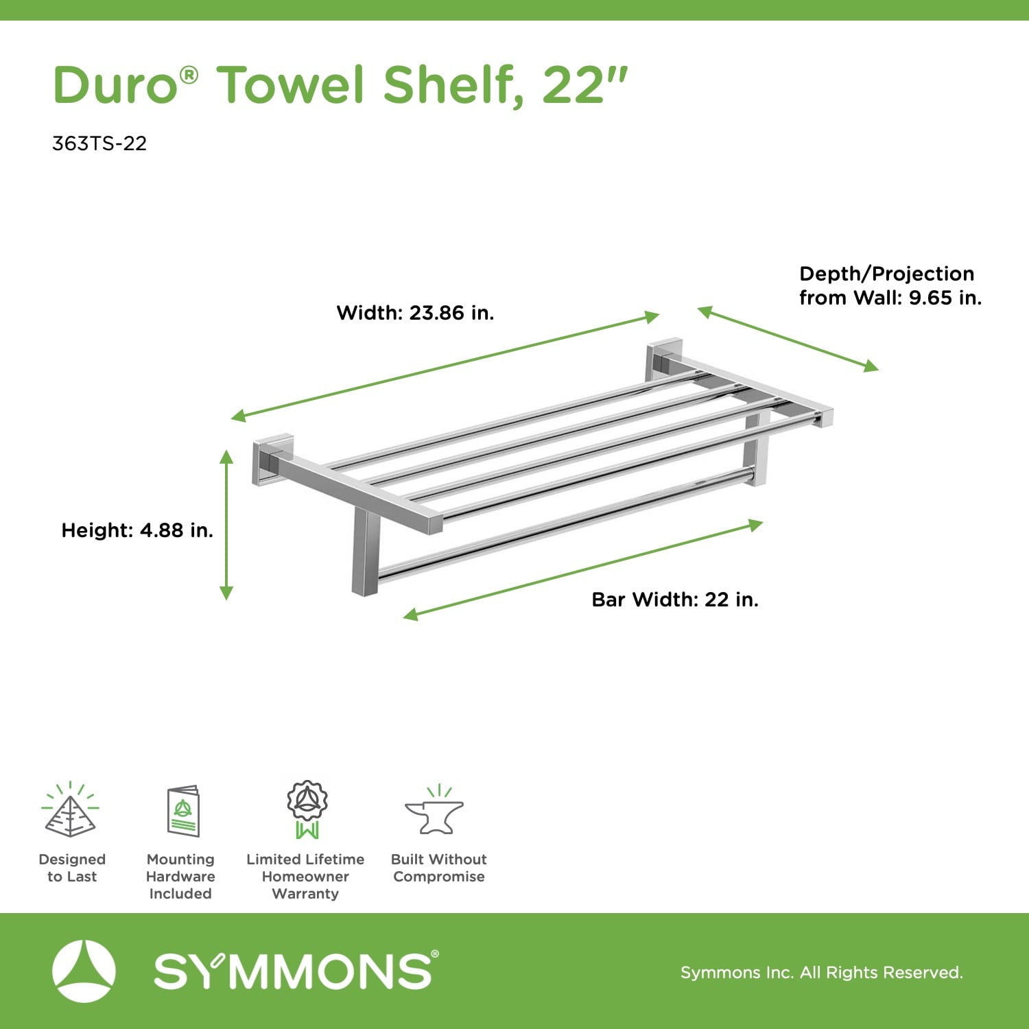 Toallero de Pared Duro cromado pulido de Symmons 9.646 pulgadas x 23.858 pulgadas x 1.811 pulgadas