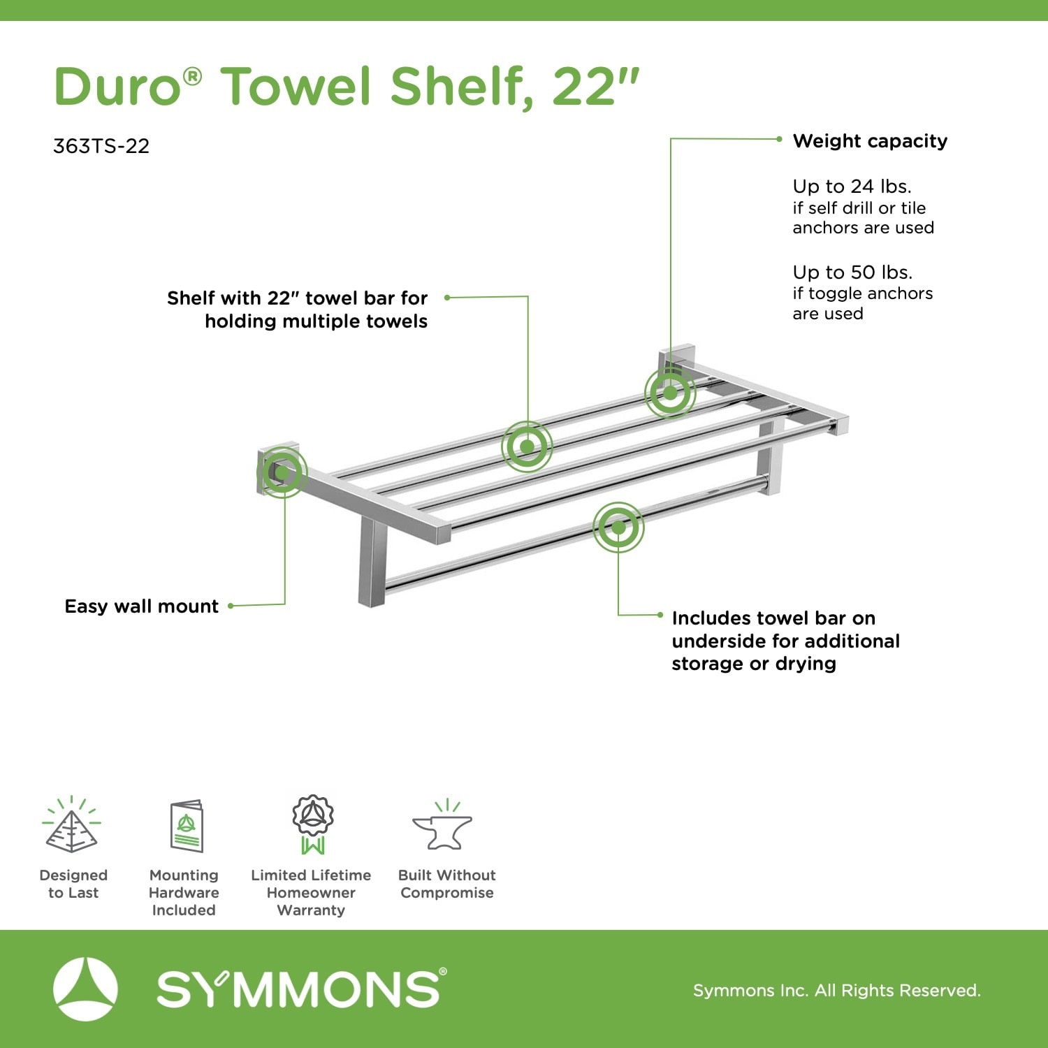 Toallero de Pared Duro cromado pulido de Symmons 9.646 pulgadas x 23.858 pulgadas x 1.811 pulgadas