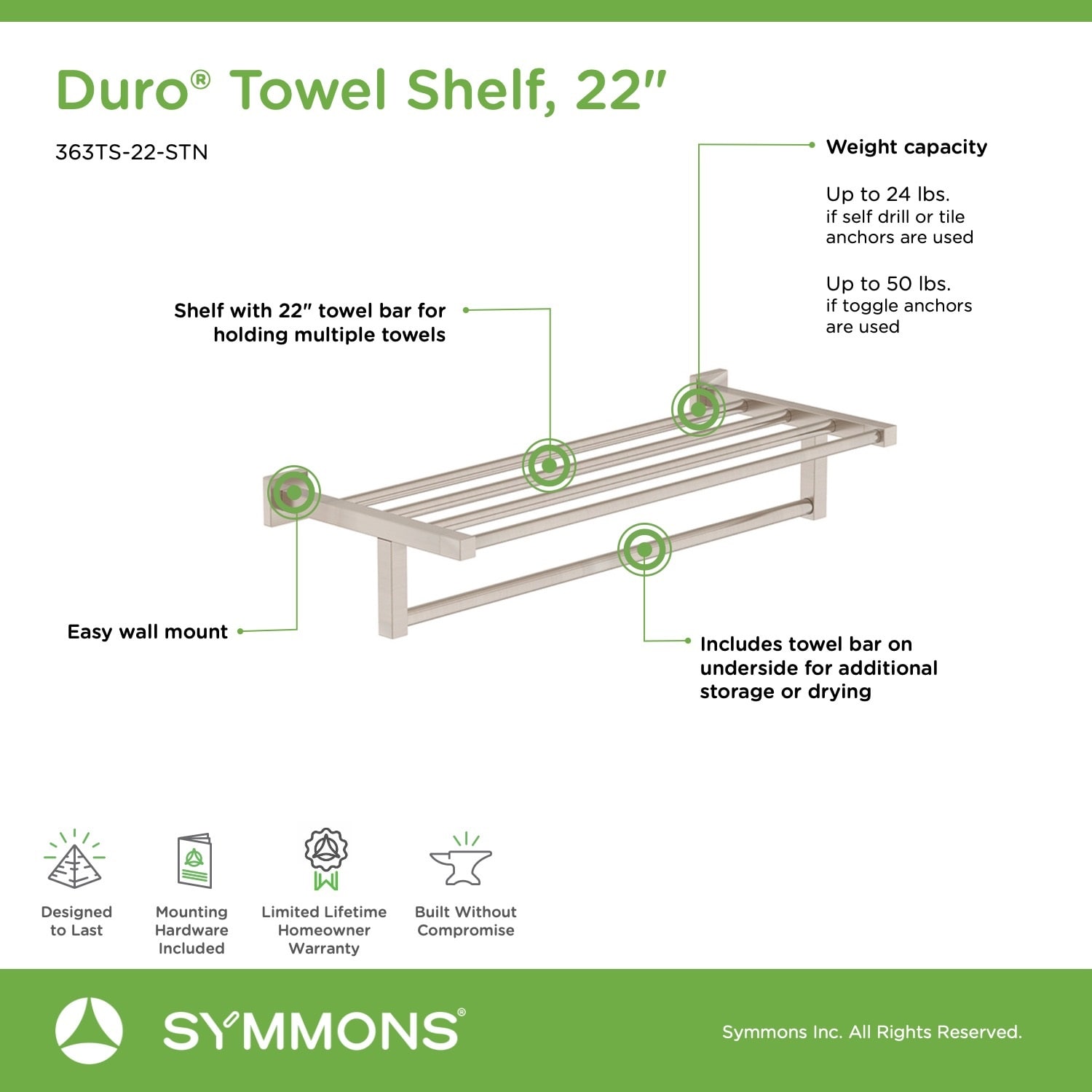 Soporte para toallas de montaje en pared Symmons Duro acabado en níquel satinado 9.646 pulgadas x 23.858 pulgadas x 1.811 pulgadas 363TS-22-STN