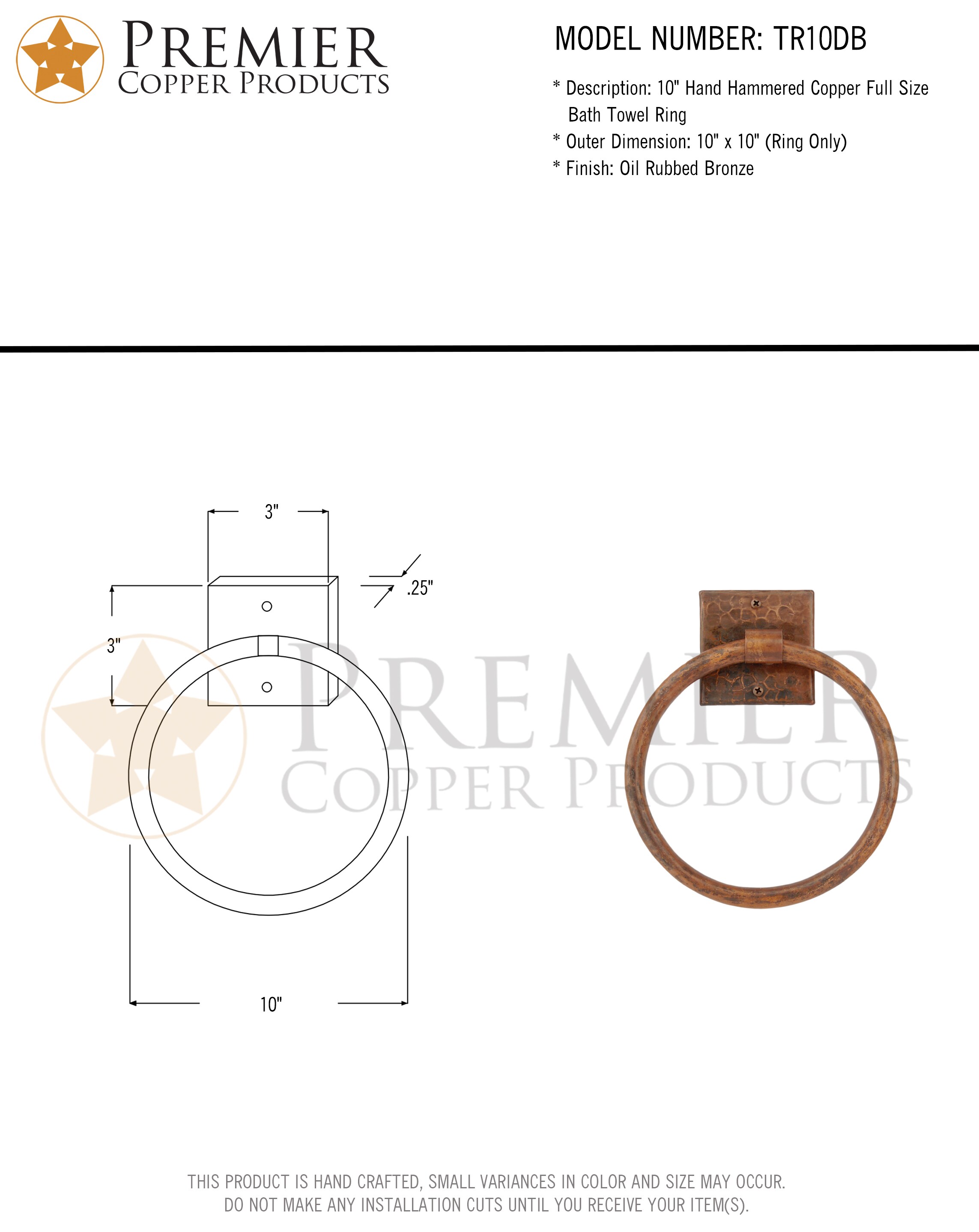 Accesorios de baño de cobre Premier Copper Products en bronce frotado con aceite para montar en la pared - Argolla Individual para Toalla TR10DB