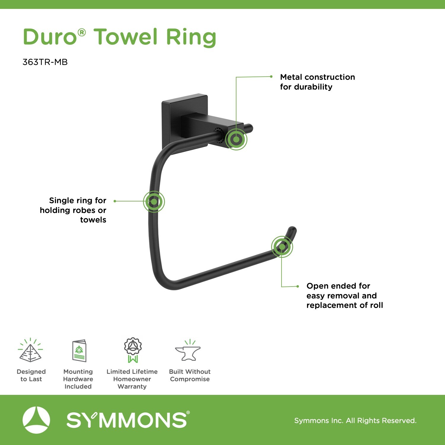 Aro de Toalla Individual de Montaje en Pared en Negro Mate Duro Symmons 363TR-MB