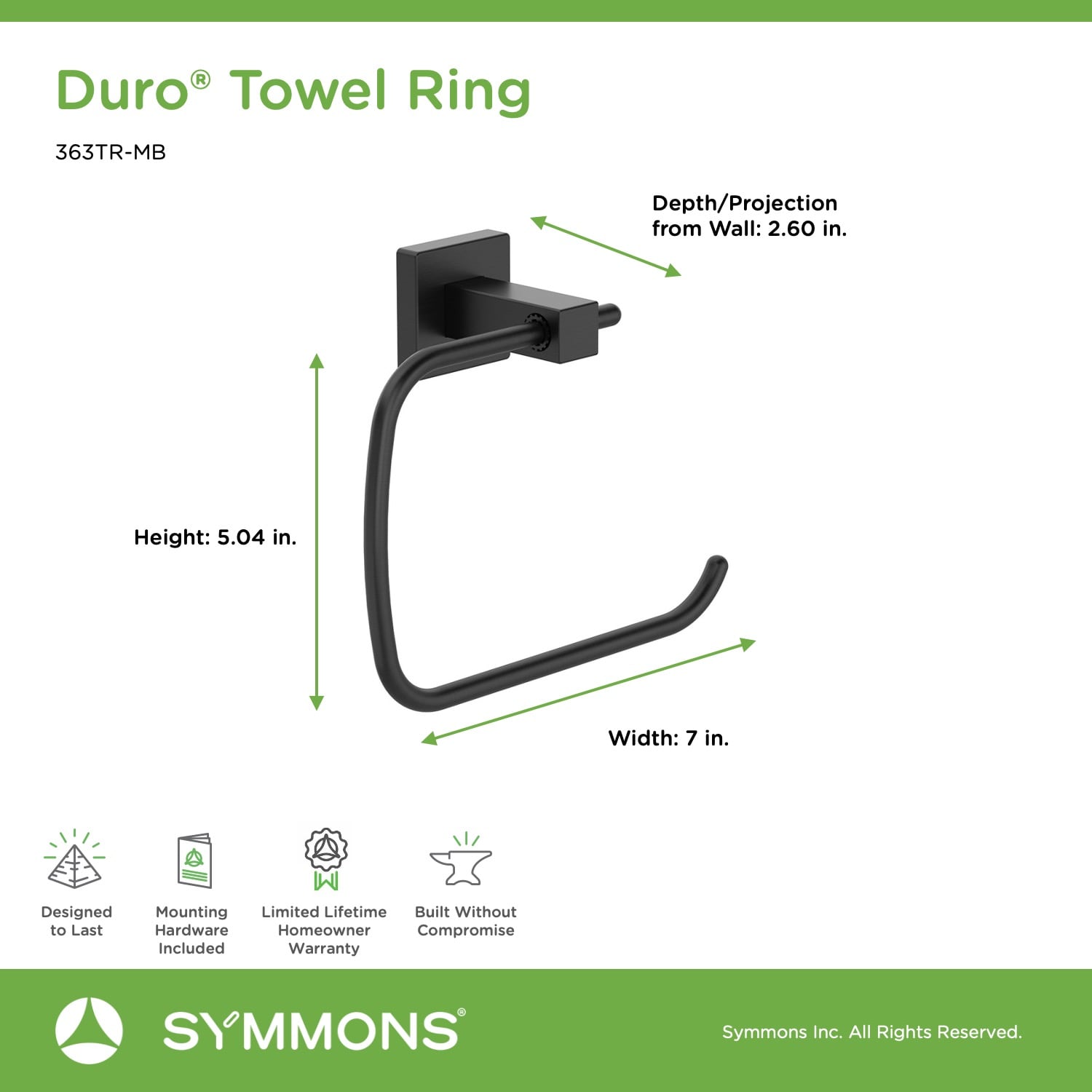 Aro de Toalla Individual de Montaje en Pared en Negro Mate Duro Symmons 363TR-MB