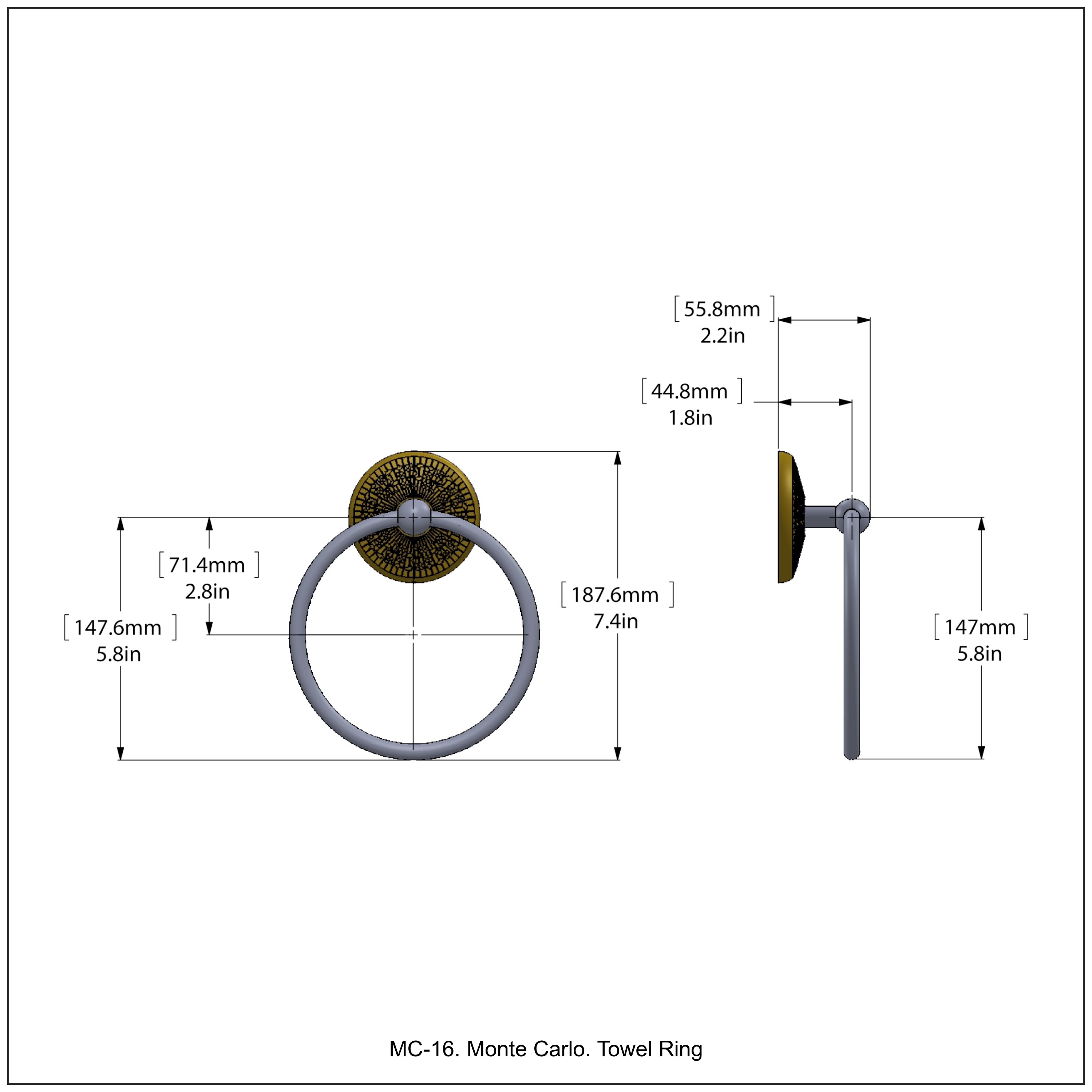 Argolla de toalla individual montada en pared en tono gris mate Monte Carlo de Allied Brass MC-16-GYM