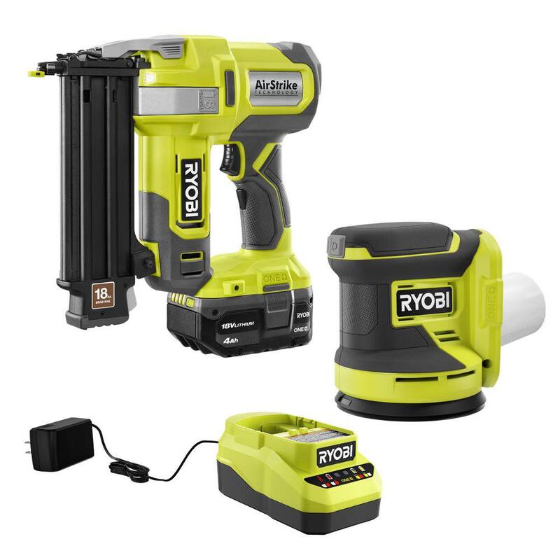 Clavadora inalámbrica de clavos RYOBI ONE+ 18V calibre 18 con lija orbital aleatoria inalámbrica de 5 pulgadas, batería de 4.0 Ah, cargador - P321K1-PCL406B