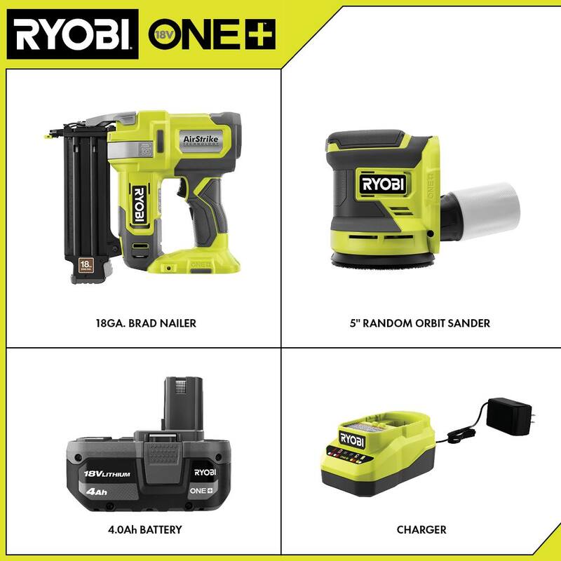 Clavadora inalámbrica de clavos RYOBI ONE+ 18V calibre 18 con lija orbital aleatoria inalámbrica de 5 pulgadas, batería de 4.0 Ah, cargador - P321K1-PCL406B