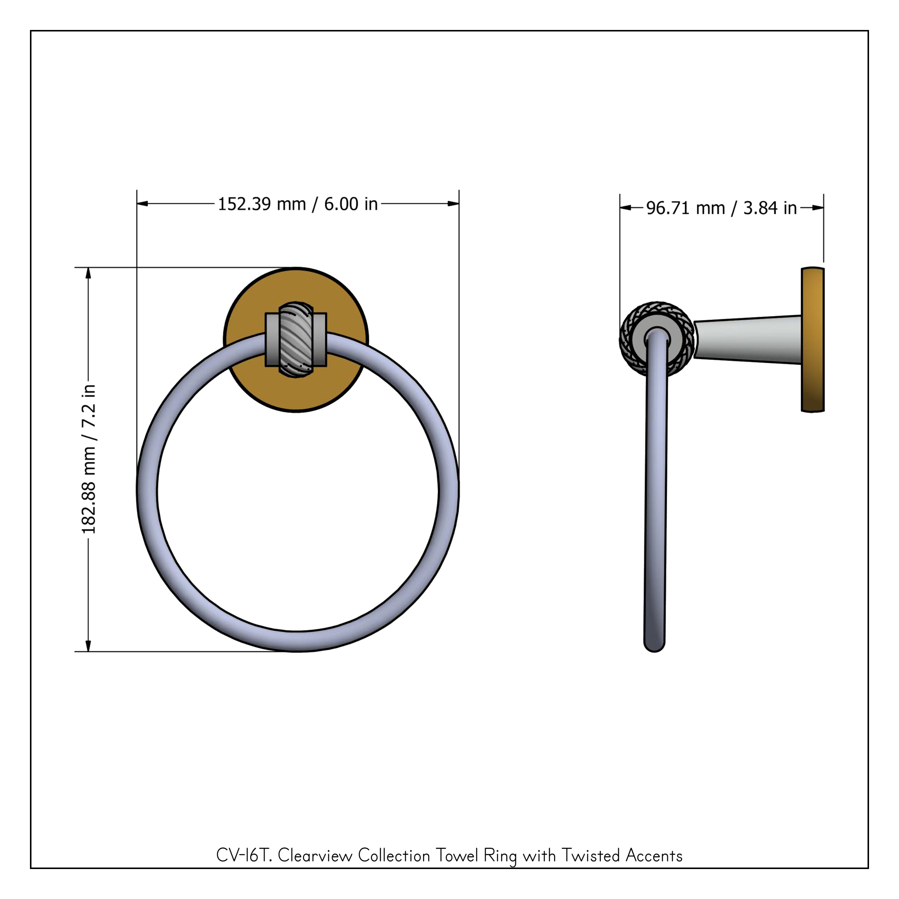 Argolla para toalla de pared montada de latón pulido en cromo de alta calidad de Clearview CV-16T-PC