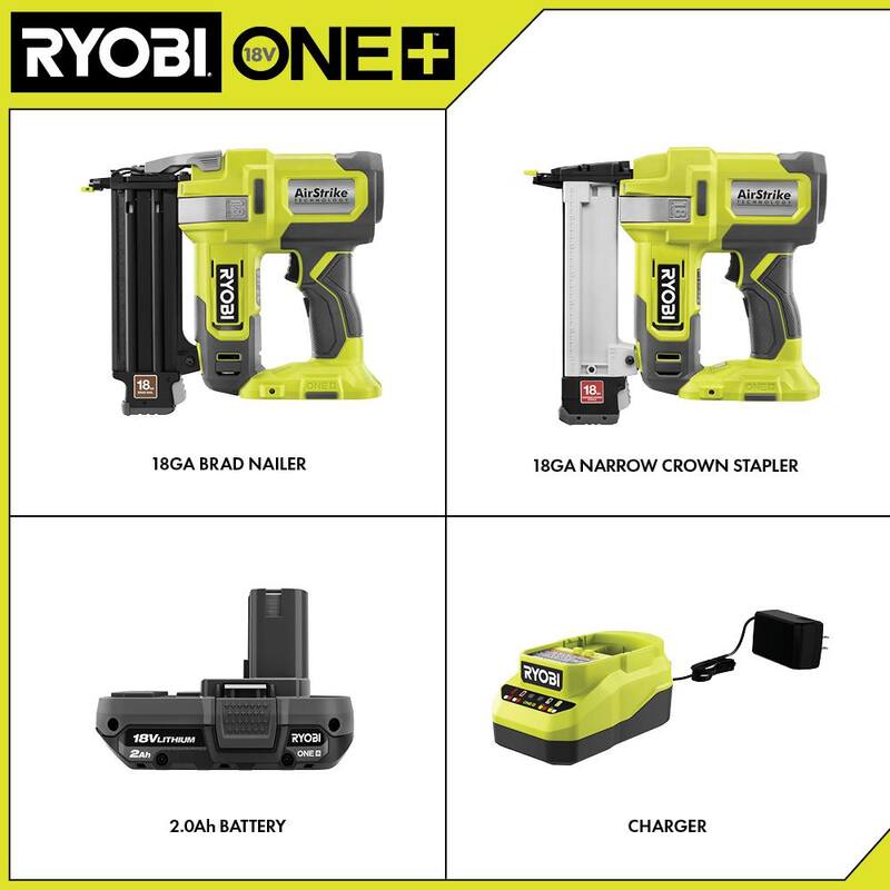 RYOBI ONE+ 18V Clavadora de corona estrecha de calibre 18 inalámbrica con clavos de calibre 18, batería de 2.0 Ah y cargador - P321-P361-PSK005