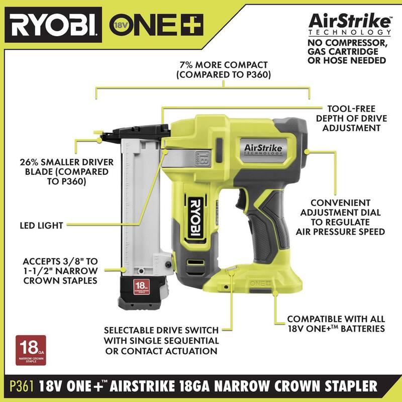 RYOBI ONE+ 18V Clavadora de corona estrecha de calibre 18 inalámbrica con clavos de calibre 18, batería de 2.0 Ah y cargador - P321-P361-PSK005