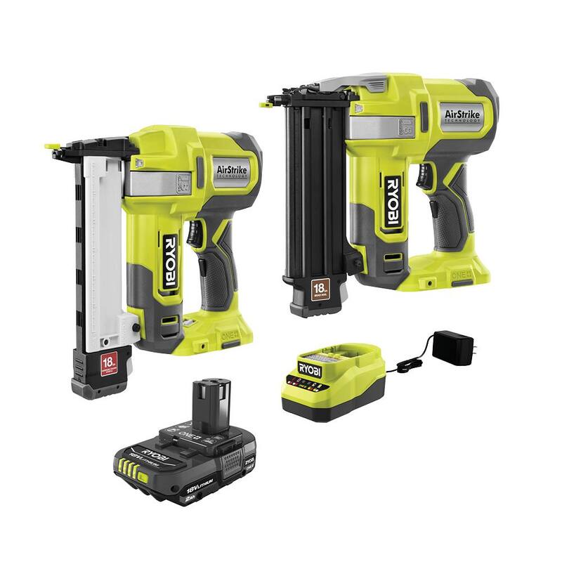 RYOBI ONE+ 18V Clavadora de corona estrecha de calibre 18 inalámbrica con clavos de calibre 18, batería de 2.0 Ah y cargador - P321-P361-PSK005