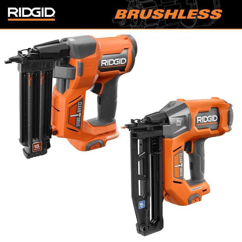 Clavadora inalámbrica RIDGID 18V Brushless de calibre 18 de 2-1/8 pulgadas con clavadora de acabado recto de calibre 16 de 2-1/2 pulgadas 18V Brushless (sólo herramientas) - R09891B-R09893B