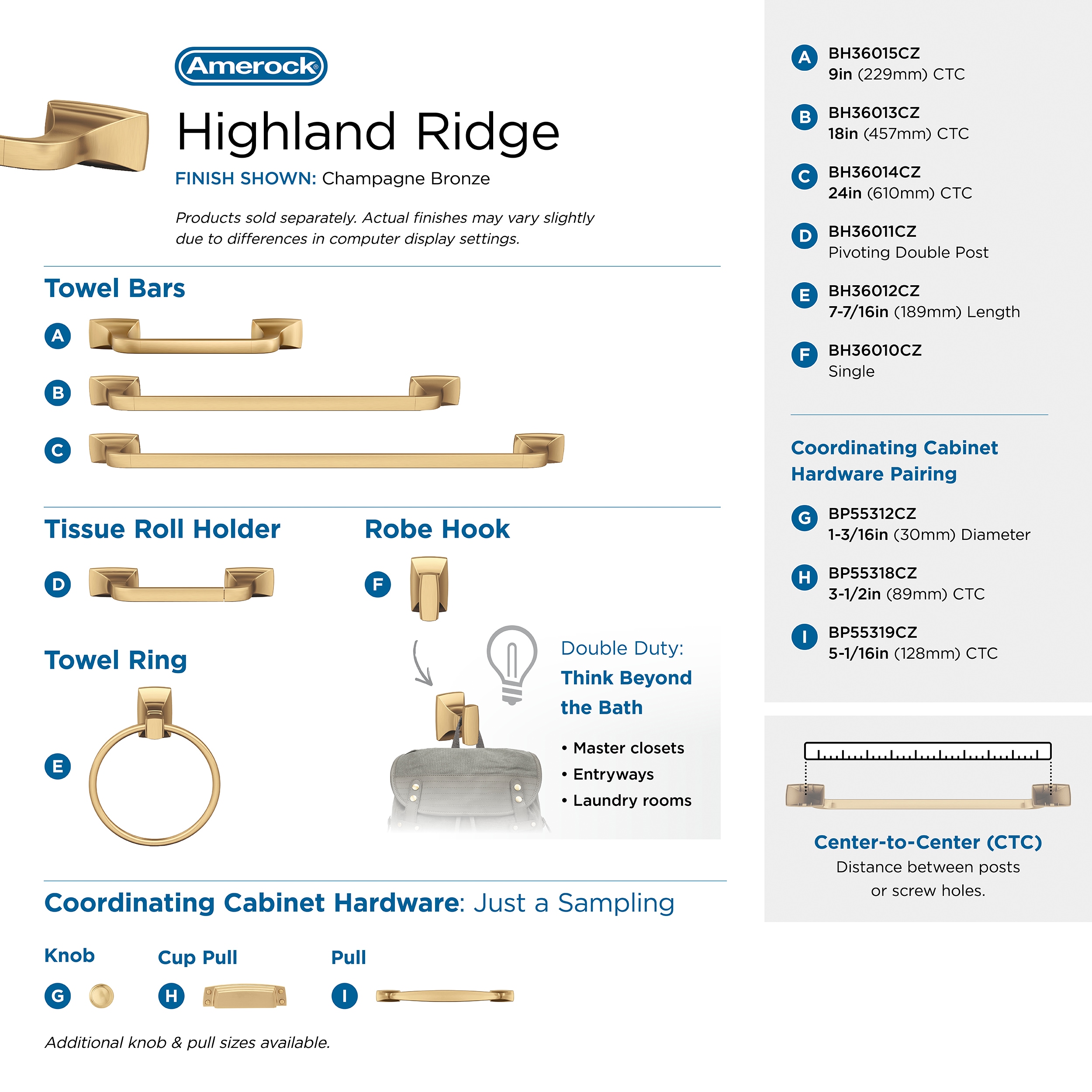 Aro de toalla individual para pared en bronce Champagne Highland Ridge de Amerock BH36012CZ