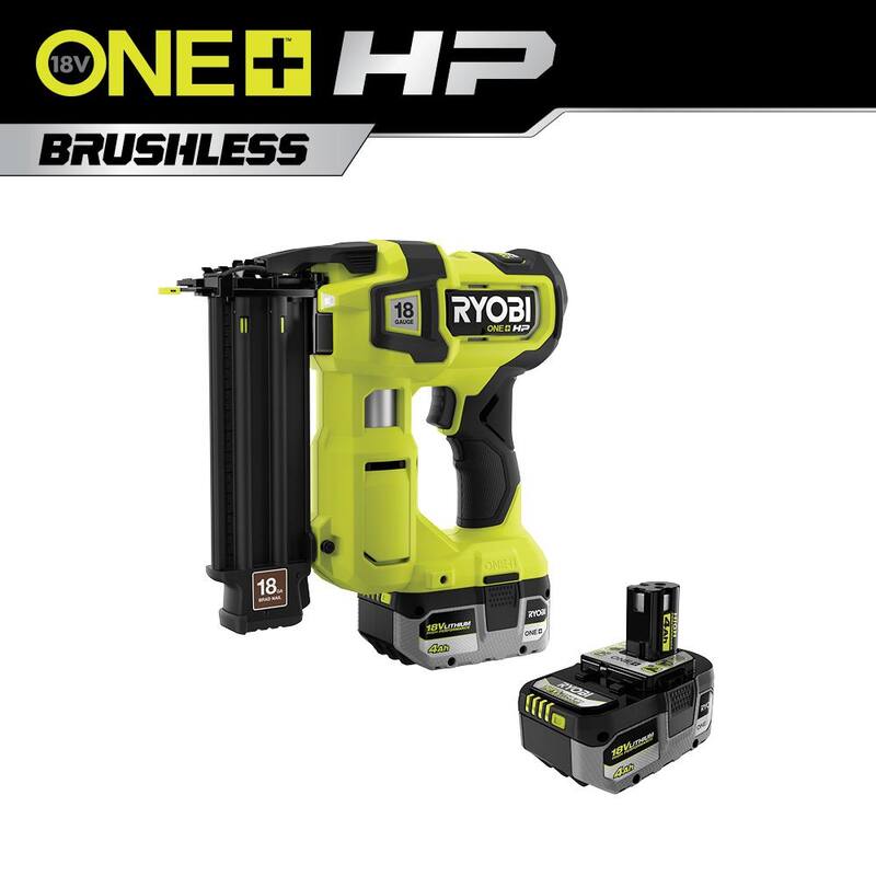 Clavadora de clavos inalámbrica RYOBI ONE+ HP de 18 V calibre 18 con motor sin escobillas y batería de alto rendimiento ONE+ de 18 V (paquete de 2) - P322-PBP2004