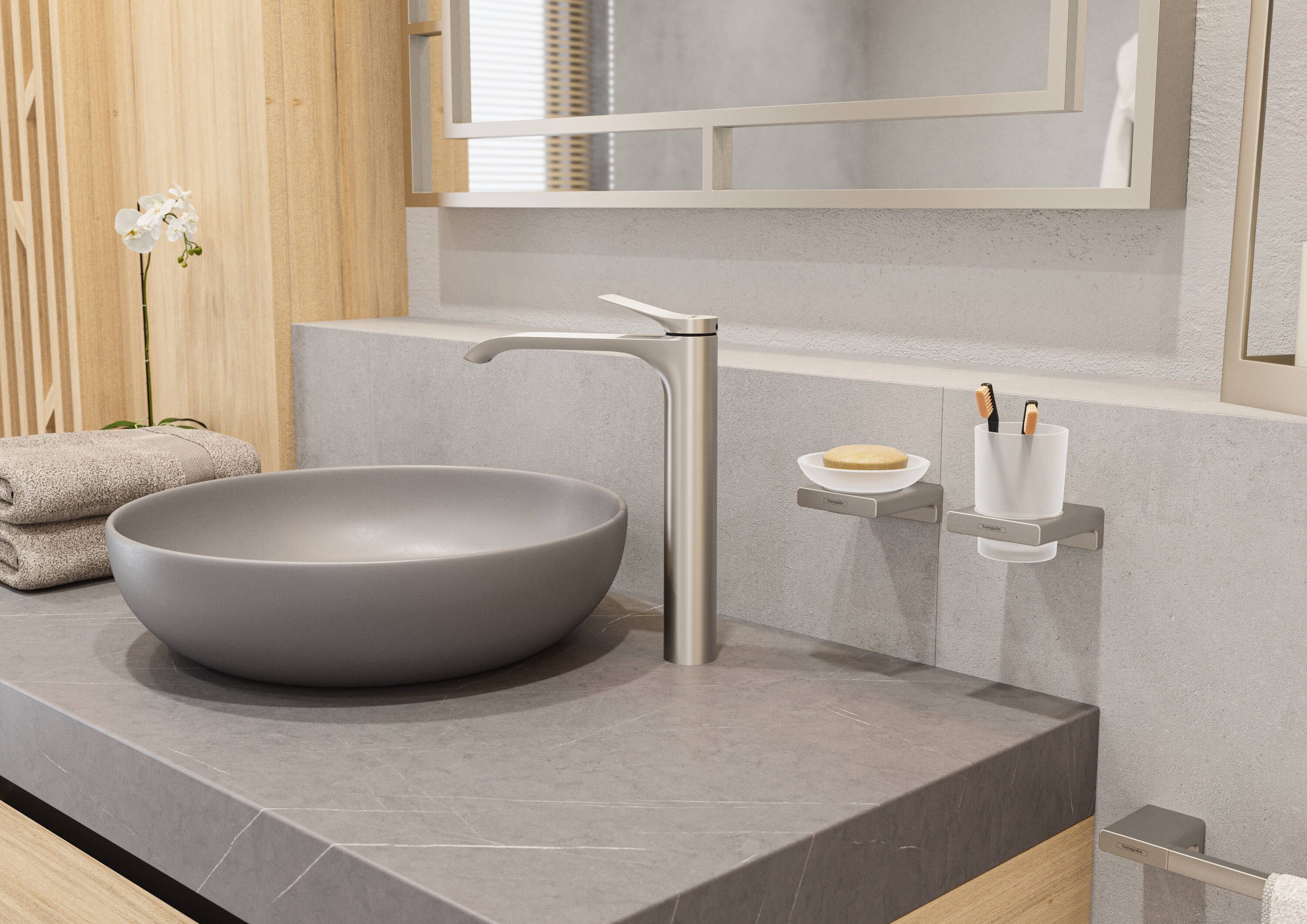 Aro de toalla individual montado en pared de níquel cepillado de Hansgrohe