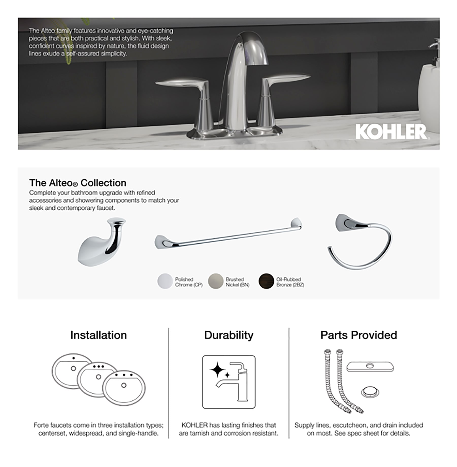 Boquilla de bañera cromada brillante de ajuste universal con desviador KOHLER 45131-CP