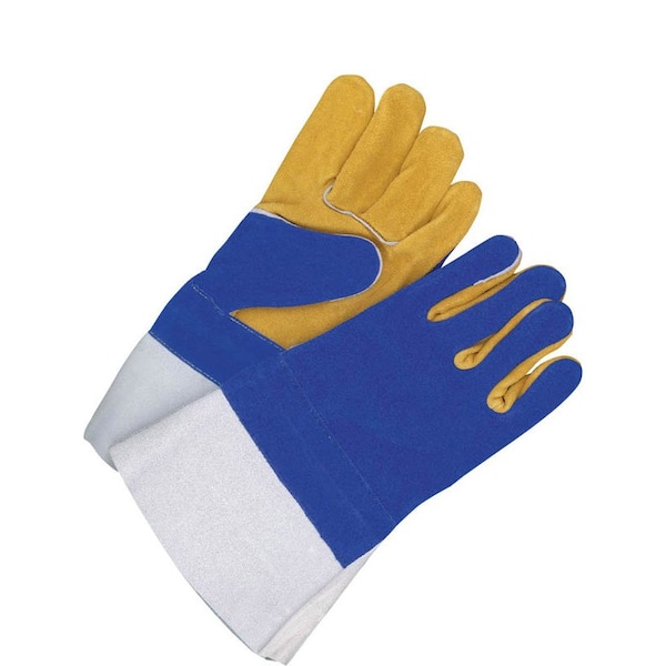 Guante de soldadura Bdg de piel dividida con puño de cuero de Kevlar cosido en azul/dorado, tamaño L - 60-1-887-L