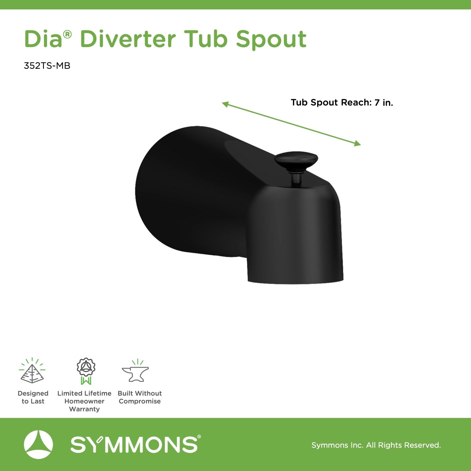 Caño de bañera negro mate Symmons con desviador (Incluye embellecedor) 352TS-MB