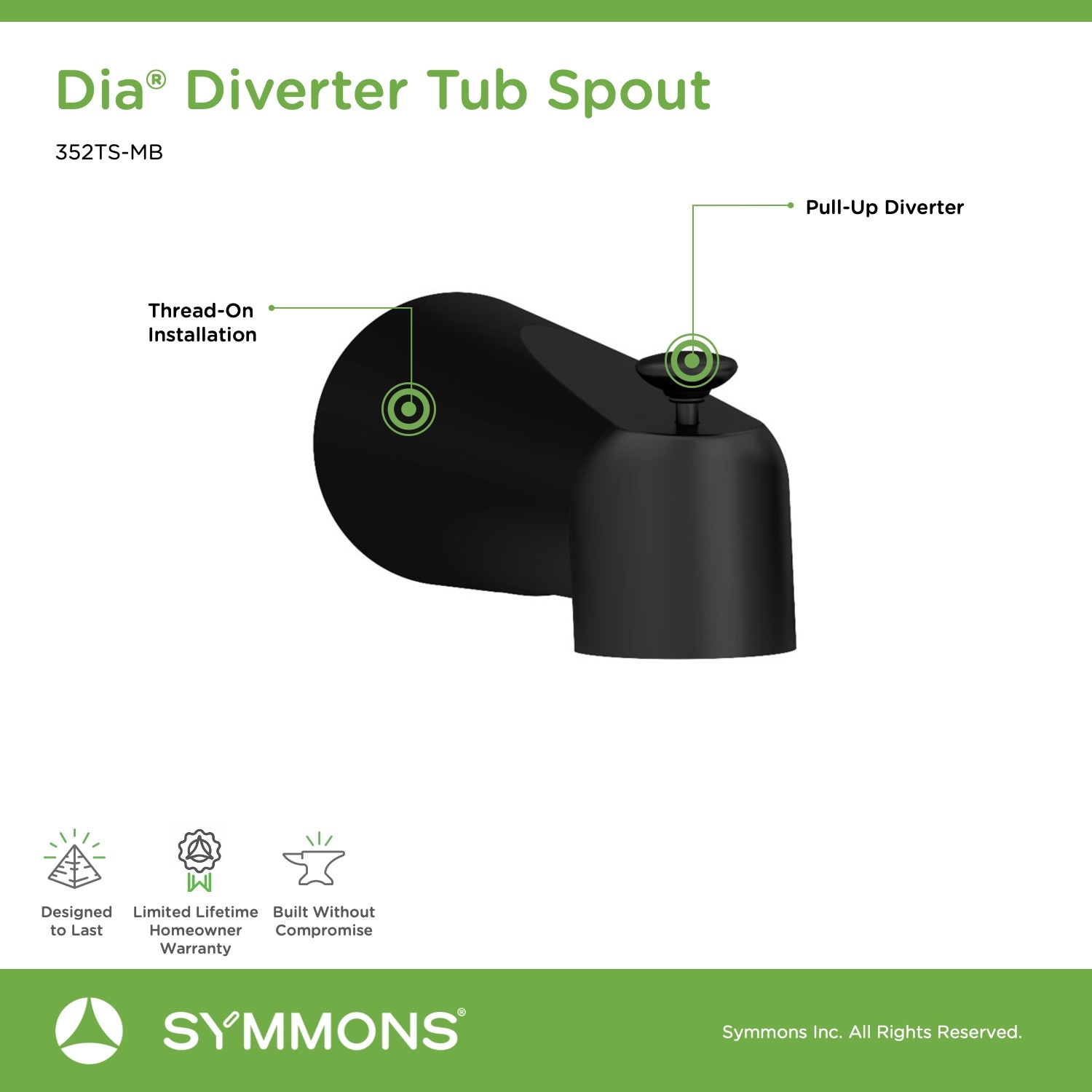 Caño de bañera negro mate Symmons con desviador (Incluye embellecedor) 352TS-MB