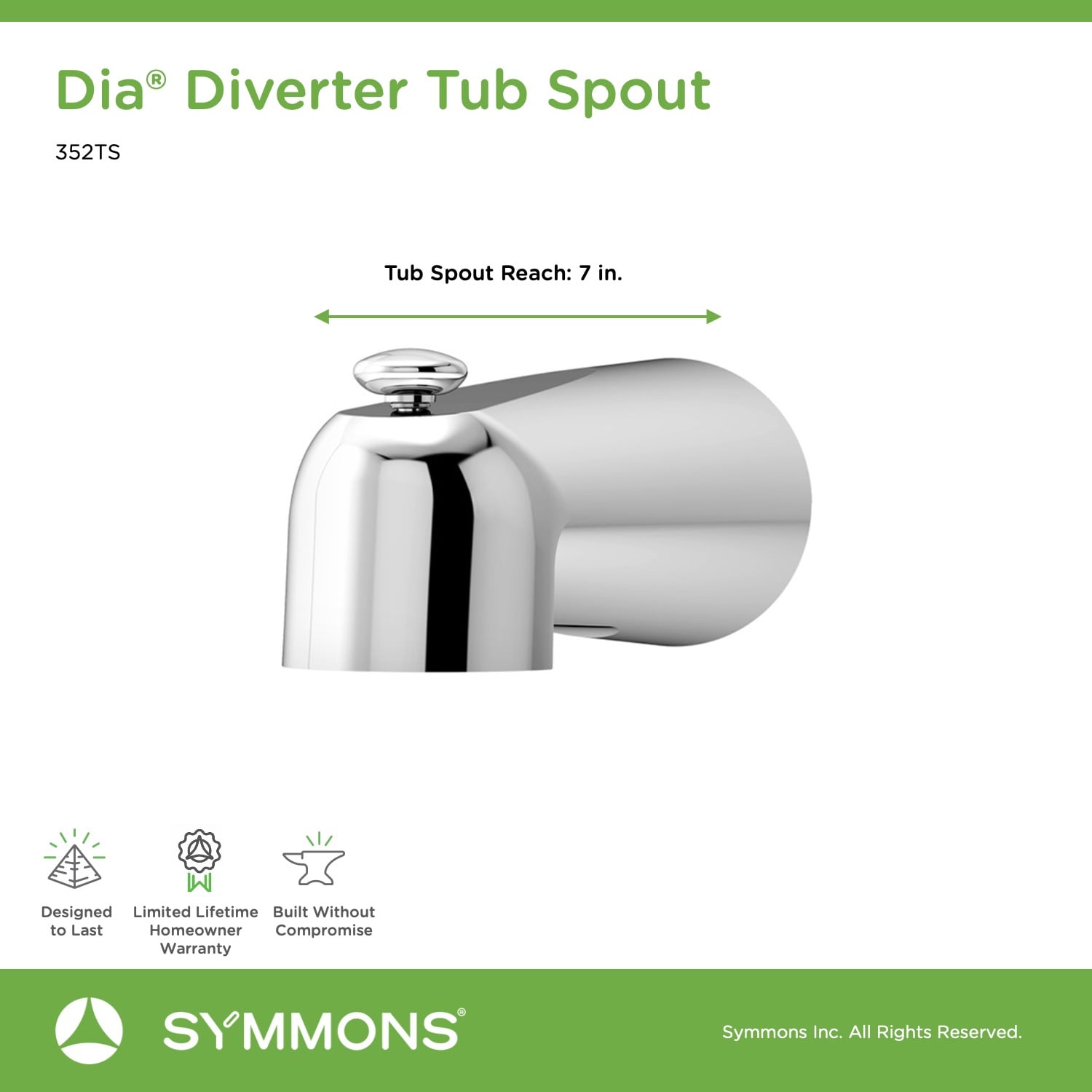 Caño de bañera universal cromado pulido con desviador Symmons 352TS