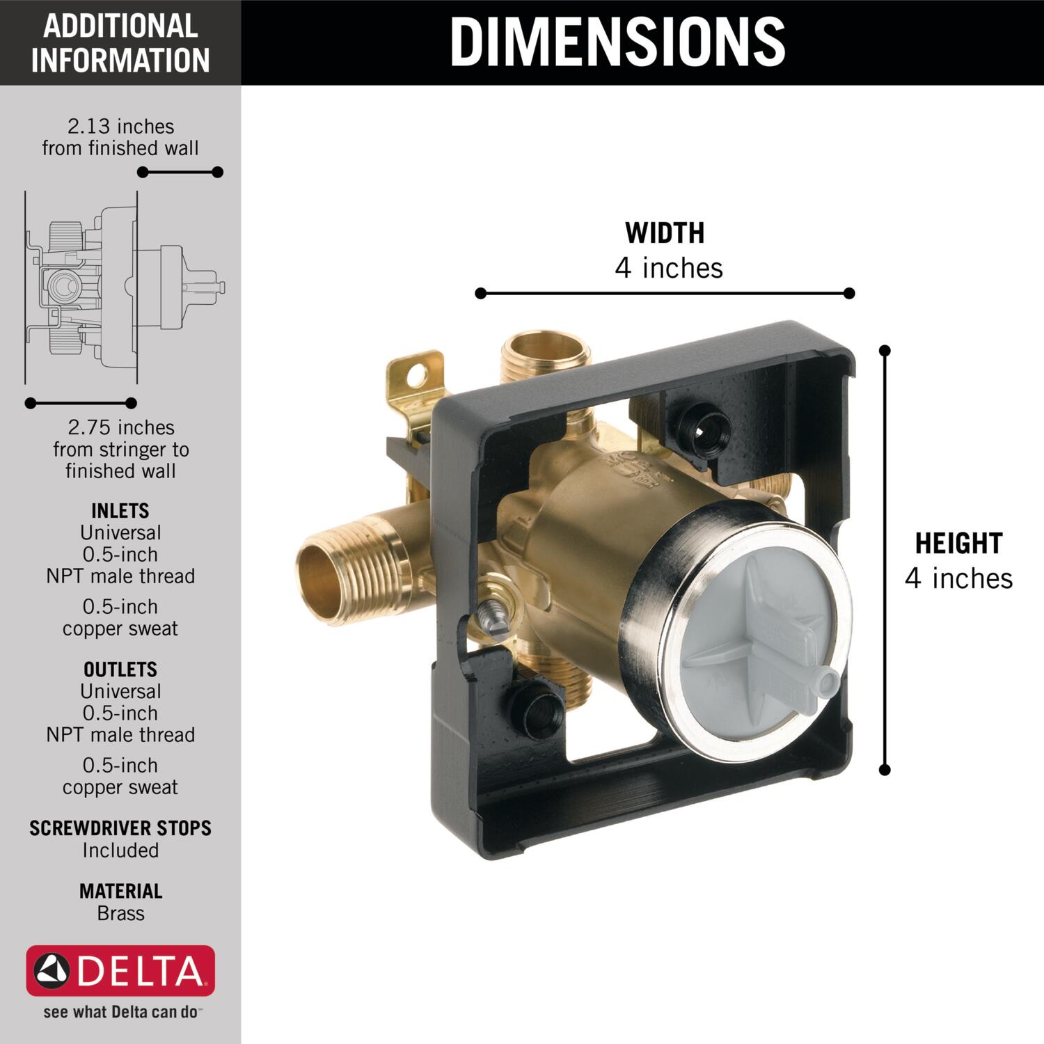 Válvula de ducha de bronce con conectores de cobre de 1/2 pulgada de diámetro interno x 1/2 pulgada de diámetro externo Delta R10000-UNWS