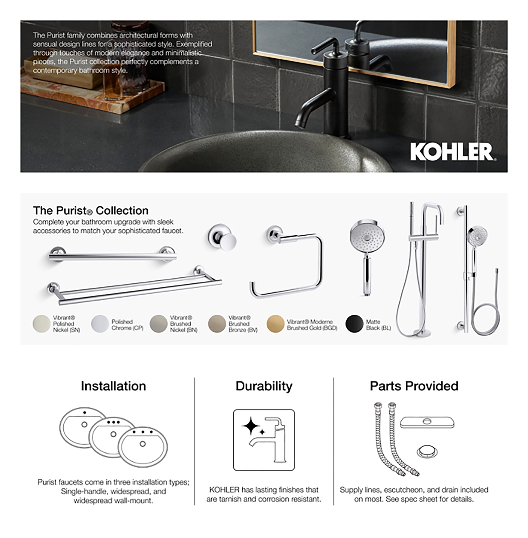 Maneral de llave de regadera negra mate KOHLER con cruz - K-T14501-3-BL