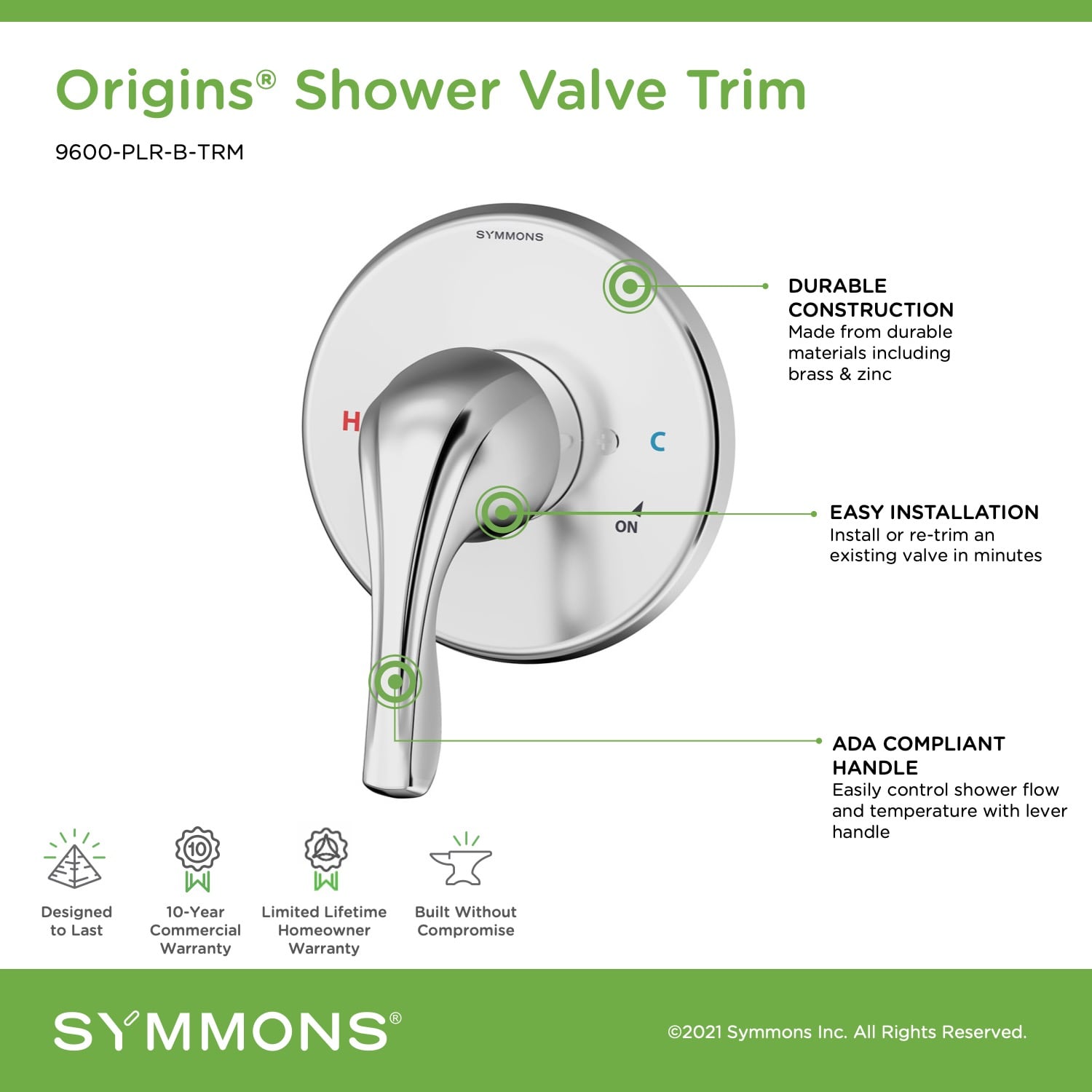 Maneral de grifo para regadera Symmons en cromo pulido 9600-PLR-B-TRM