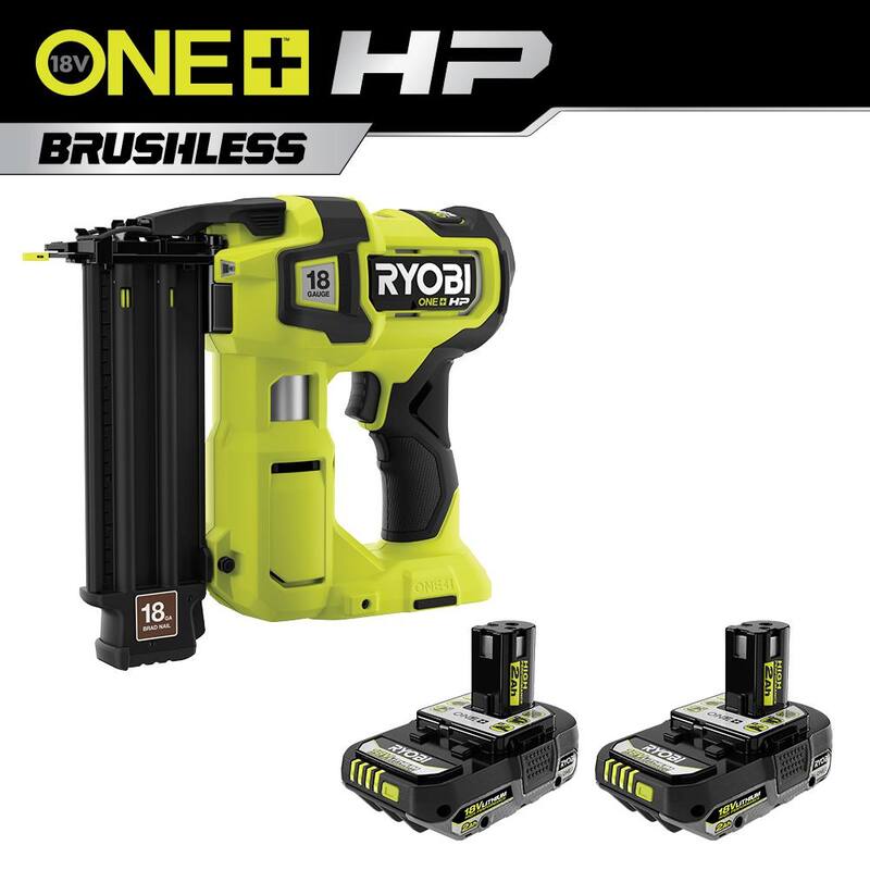 Clavadora inalámbrica RYOBI ONE+ HP 18V de calibre 18 con tecnología Brushless AirStrike y baterías de alto rendimiento de 2.0 Ah (paquete de 2) - P322-PBP2003