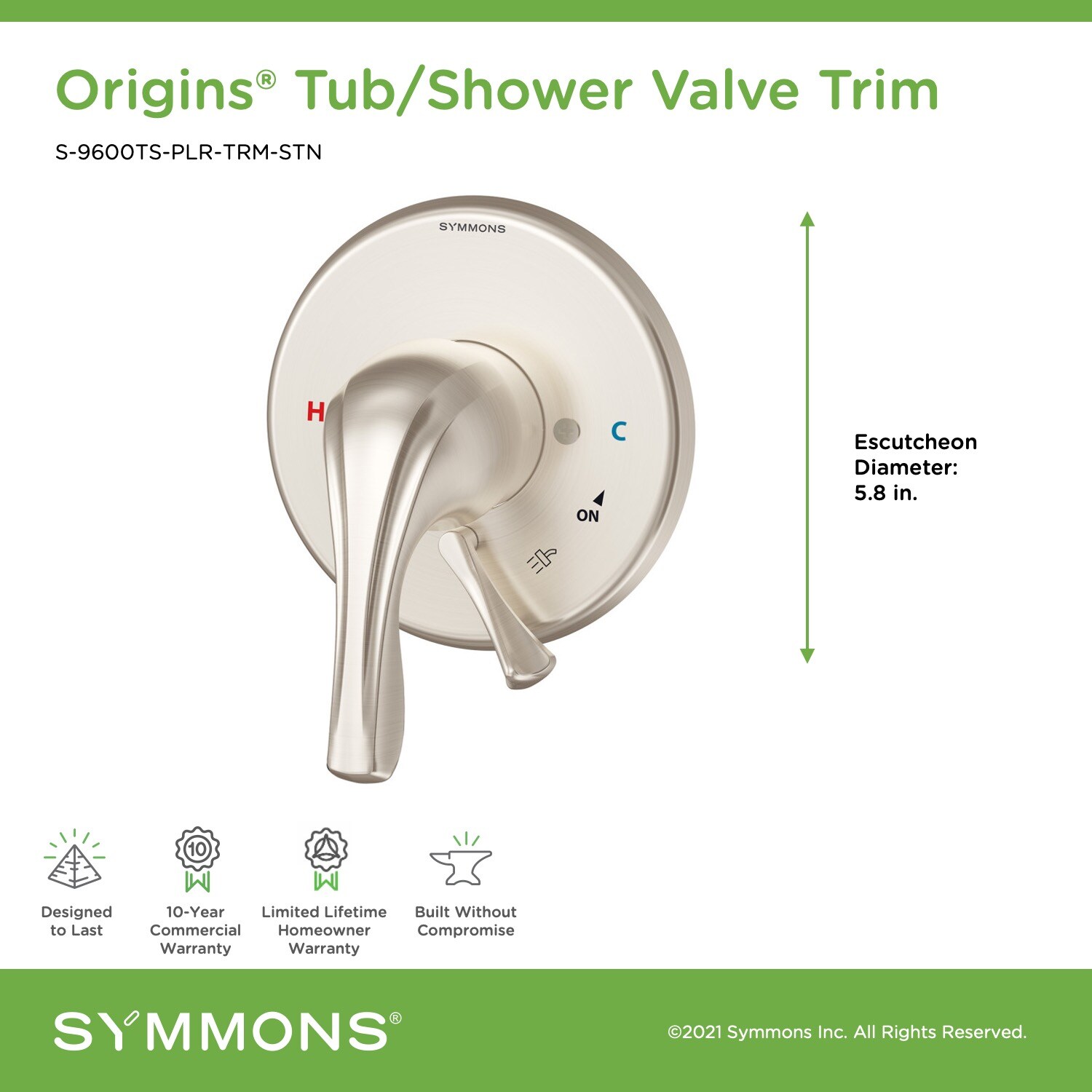 Manija de la llave de la regadera de palanca de doble manija de níquel satinado Symmons S-9600TS-PLR-TRM-STN