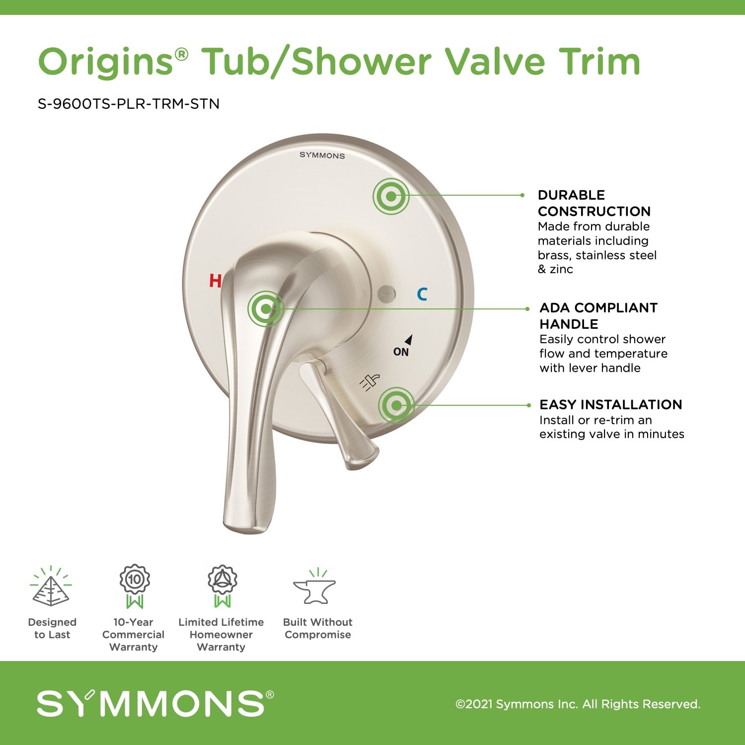 Manija de la llave de la regadera de palanca de doble manija de níquel satinado Symmons S-9600TS-PLR-TRM-STN