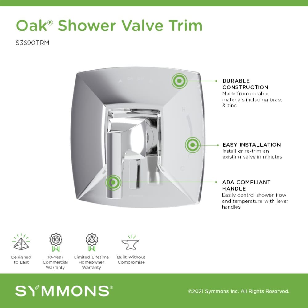 Manija de grifería de ducha Symmons Oak cromada pulida con diseño de palanca 5690TRM