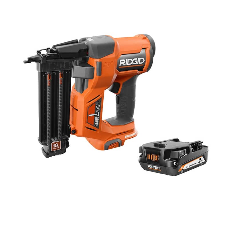 Clavadora inalámbrica sin escobillas RIDGID de 18V de calibre 18 de 2-1/8 pulgadas con tecnología CLEAN DRIVE con batería de iones de litio de 18V 2.0 Ah - R09891B-AC8400802