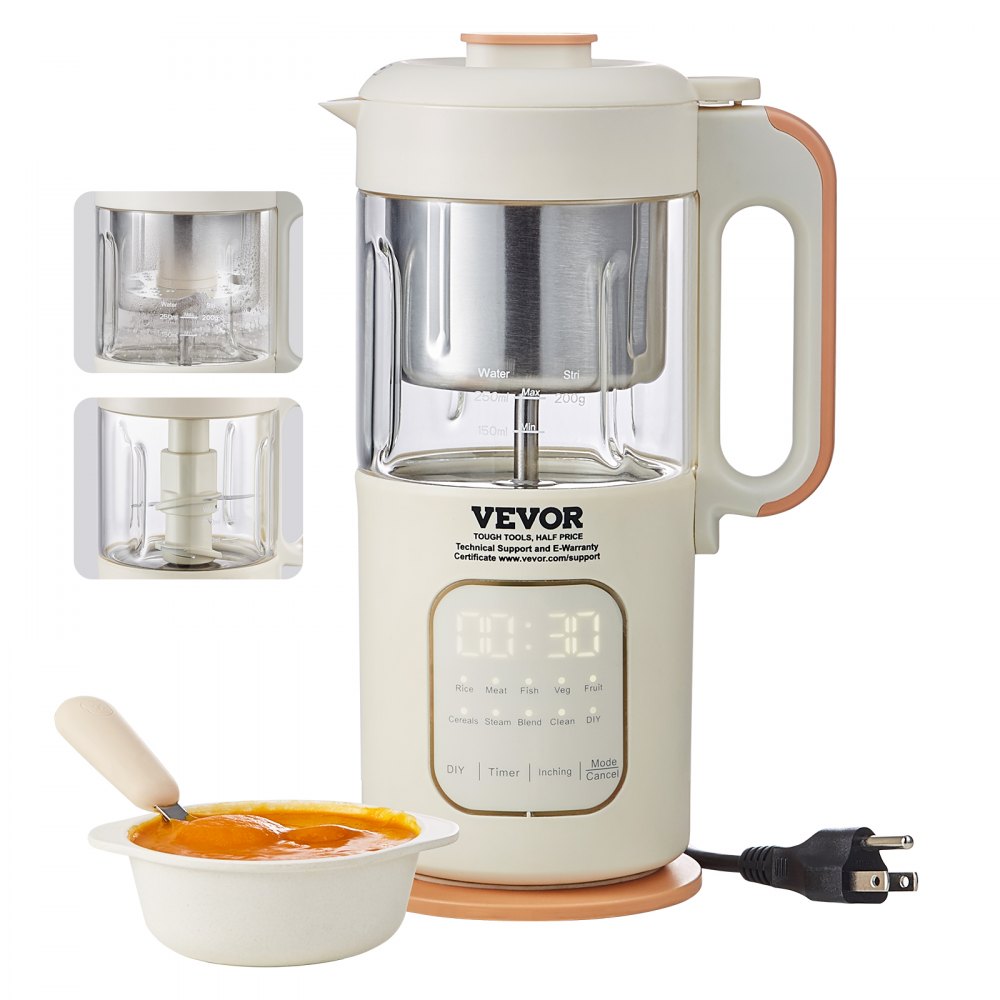 VEVOR Baby Food Maker, 500W Baby Food Processor with 300 ml Glass Bowl, SUS304 Stainless Steel 4-Blade Baby Food Puree Blender Steamer Grinder for Food, Fruit, Vegetable, Meat - LSYEFSJ06L35BO3LJV1