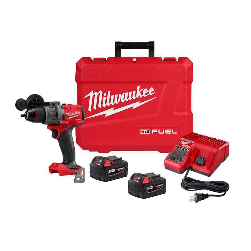 Milwaukee M18 FUEL 18V Lithium-Ion Brushless Cordless 1/2 in. Kit de taladro atornillador percutor con martillo con dos baterías de 5.0 Ah y estuche rígido - 2904-22.