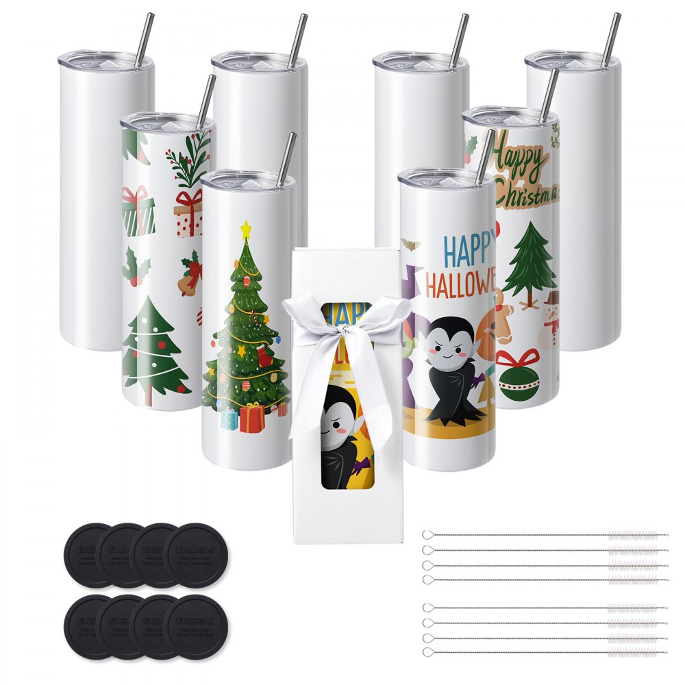 VEVOR 8 Pack 30 Oz Sublimation Tumblers, Skinny Straight Stainless Steel Blanks Cups, Stainless Steel Double Wall Tumbler for Heat Transfer Customized Gifts with Lid and Straw, Gift Box - KBJPJTJBXG8J1O806V0